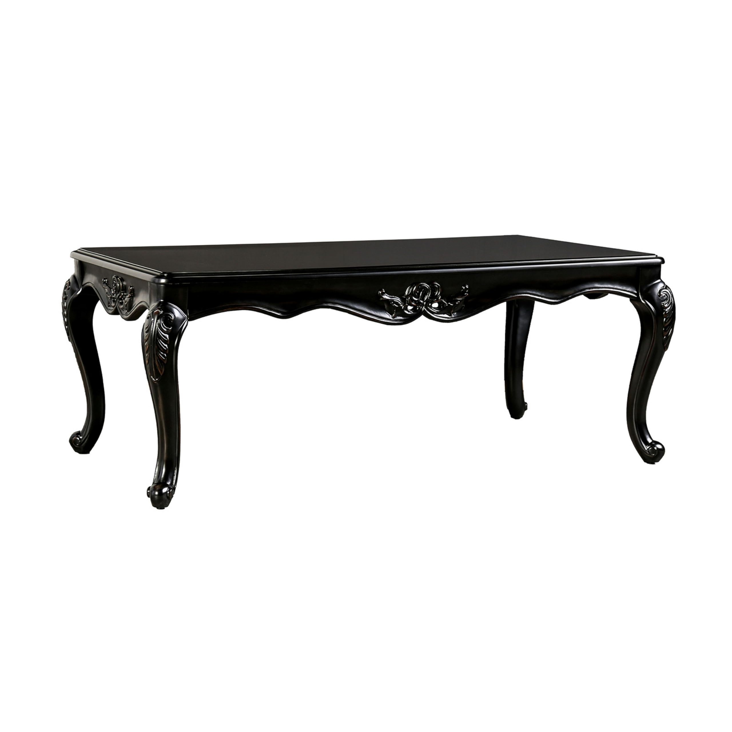Roche Coffee Table, 53 Inch, Classical Cabriole Legs, Dark Brown Solid Wood