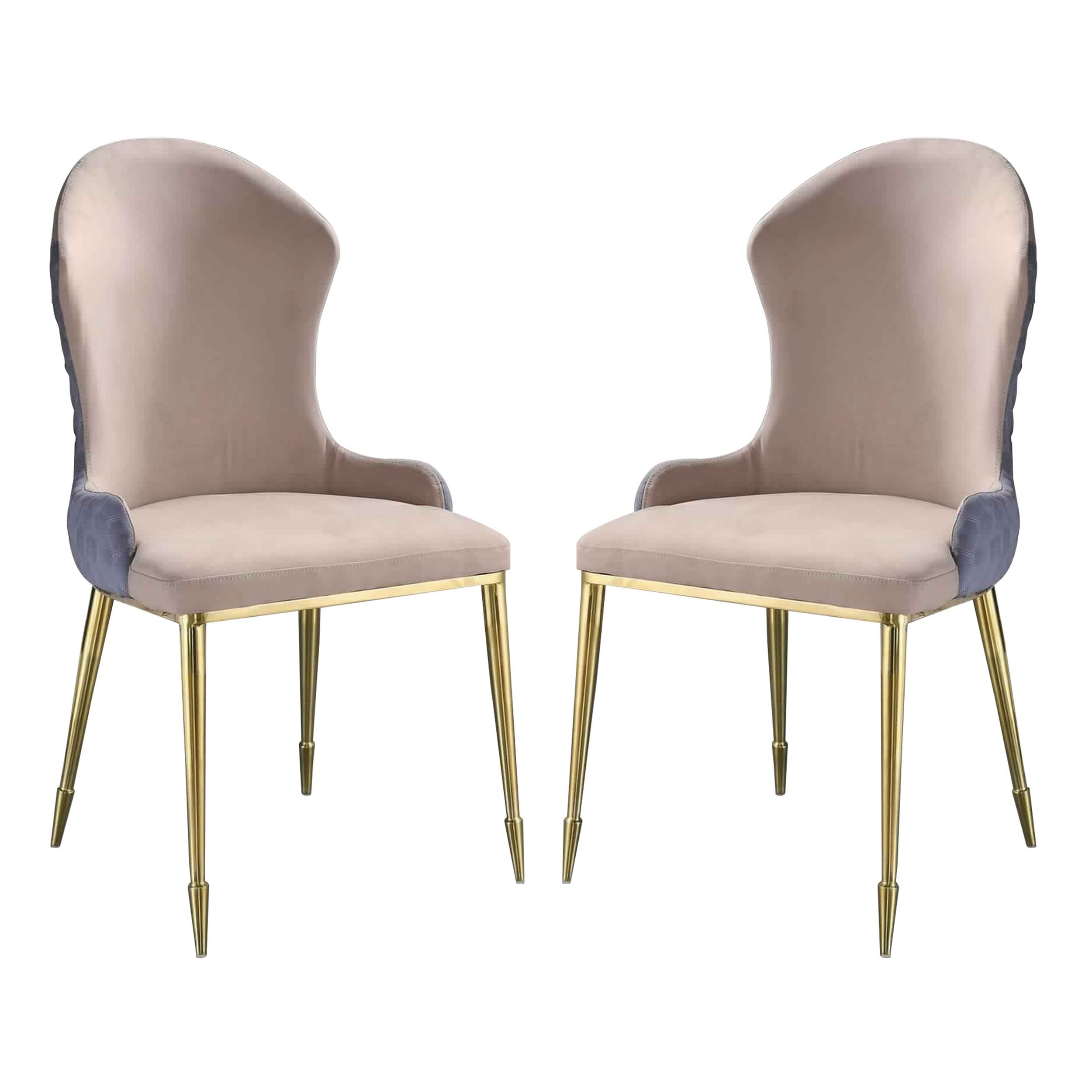 Fabric Upholstered Side Chair with Spindle Legs, Set of 2, Beige and Gold
