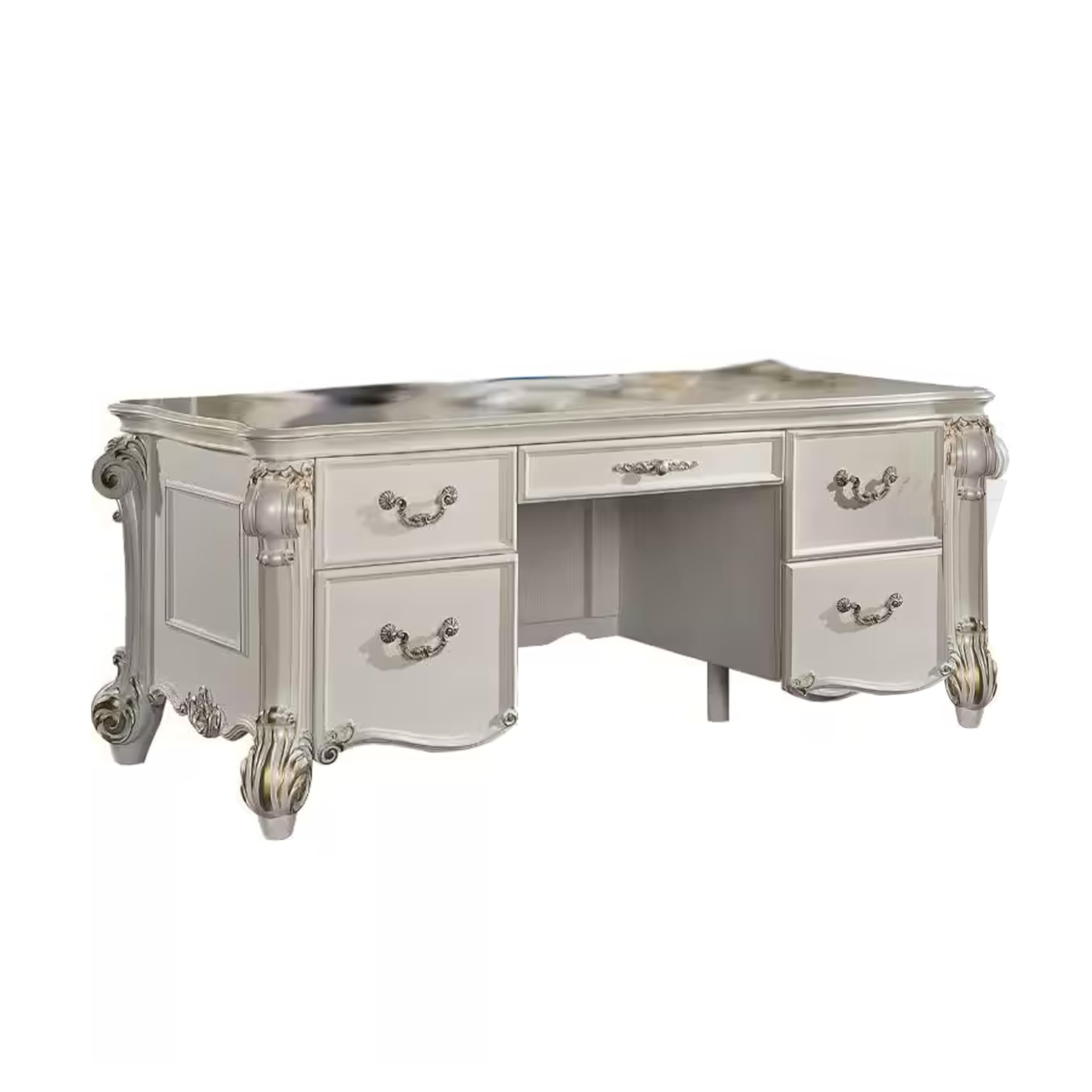 Antoine Home Office Desk, 5 Drawer, Pearl White Wood Gold, 74 Inch