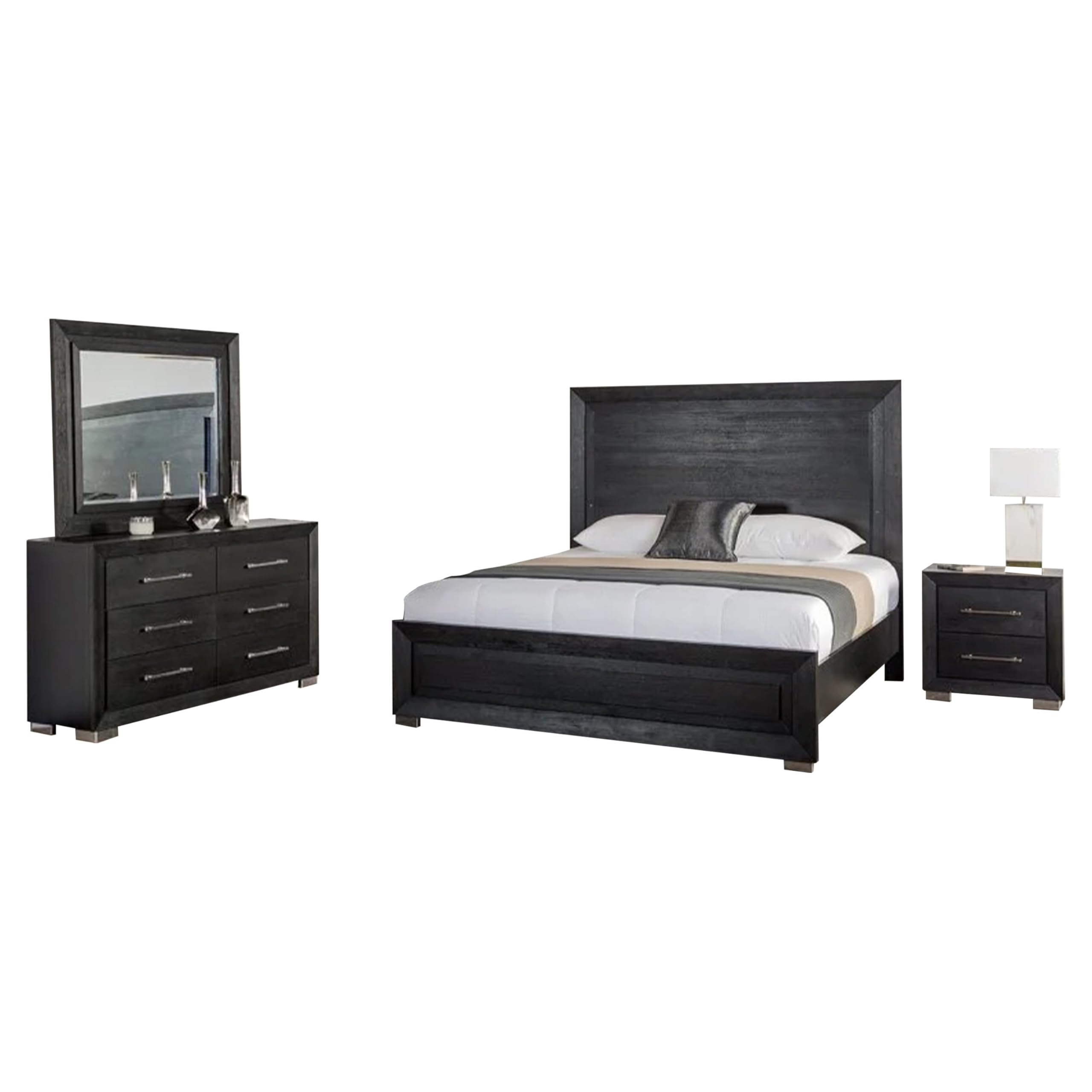 Ashen 4 Piece Queen Bedroom Set, LED Headboard and USB Ports, Black
