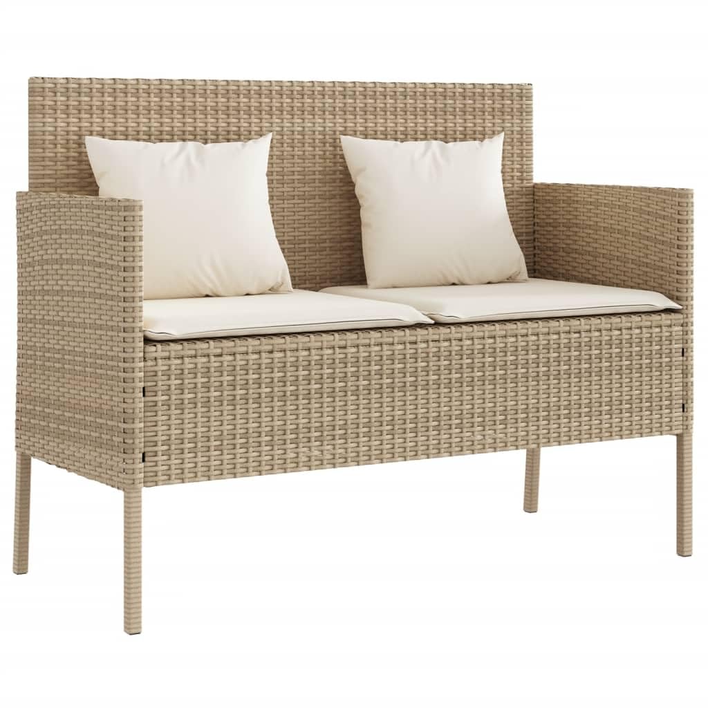 Vidaxl Beige Poly Rattan Patio Bench With Cushions - Outdoor Loveseat For Garden, Deck, Poolside - Weather-Resistant Storage Furniture