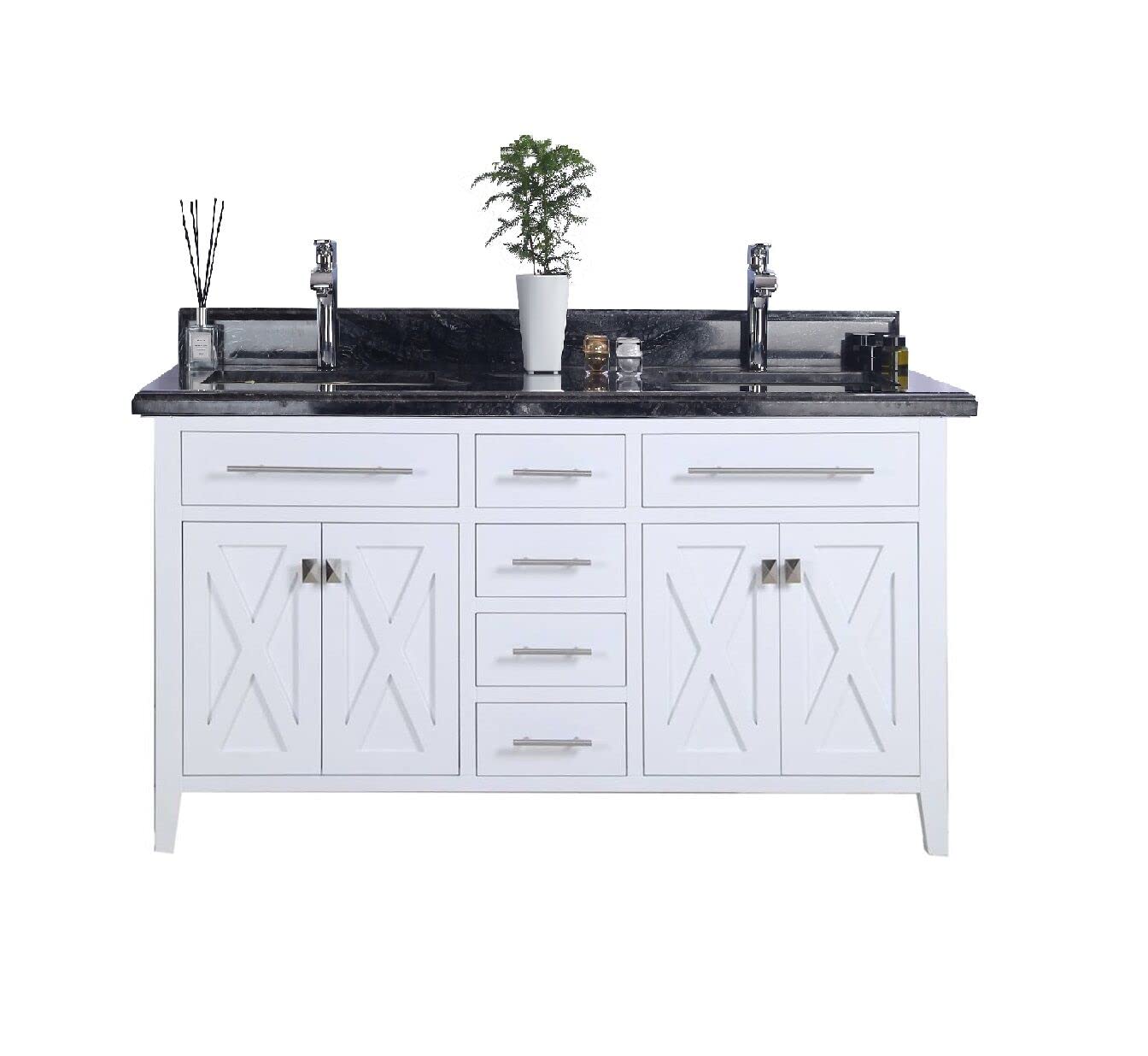 Wimbledon - 60 - White Cabinet + Black Wood Marble Countertop