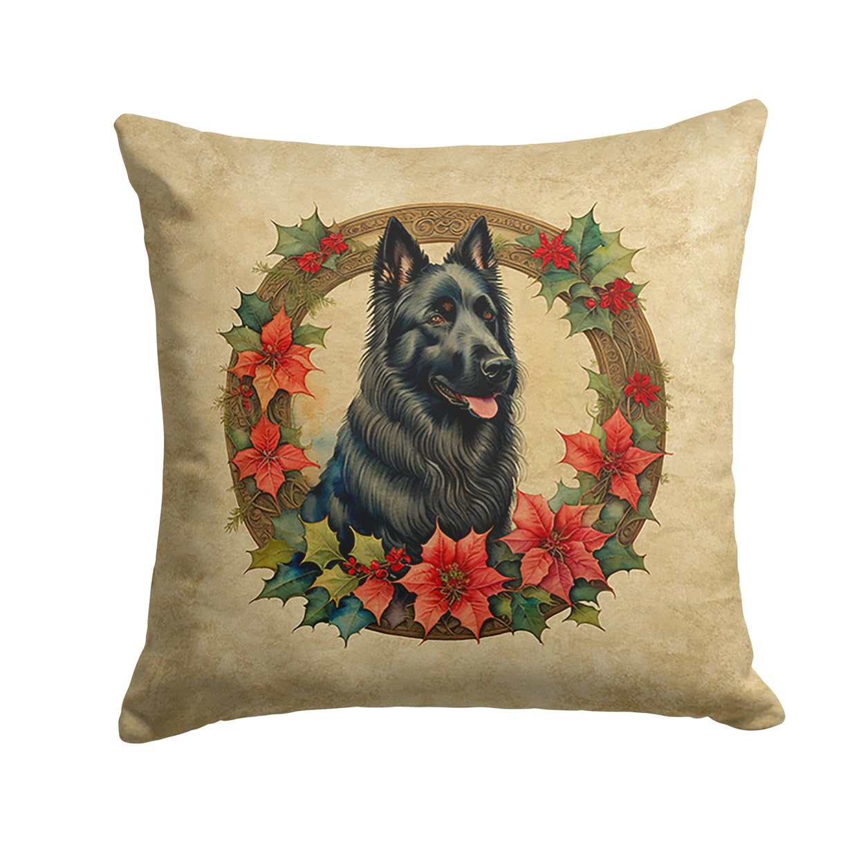 Belgian Sheepdog Christmas Flowers Throw Pillow