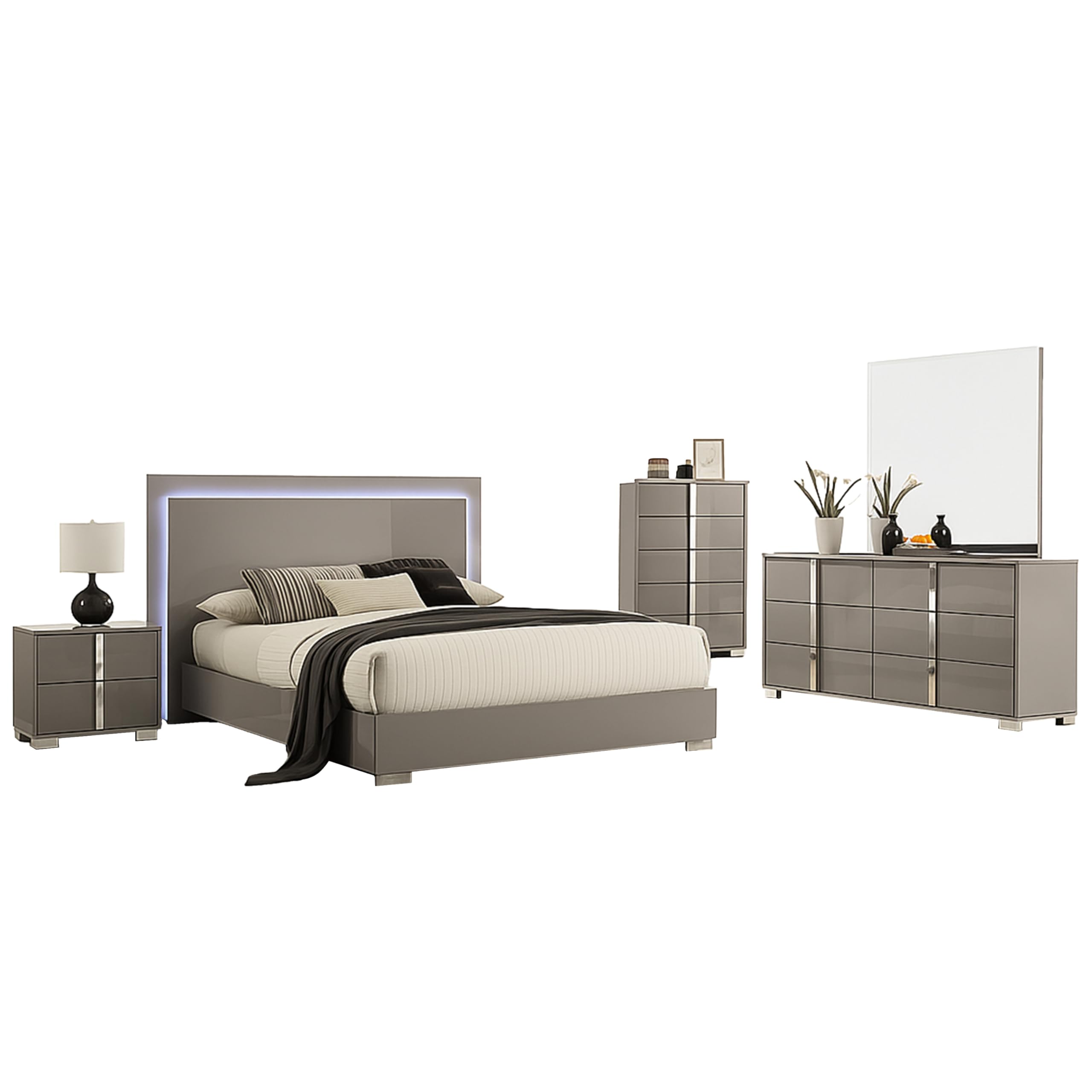 Suni 5pc Queen Bedroom Set w LED Headboard, Light Taupe Gray, Tall Dresser