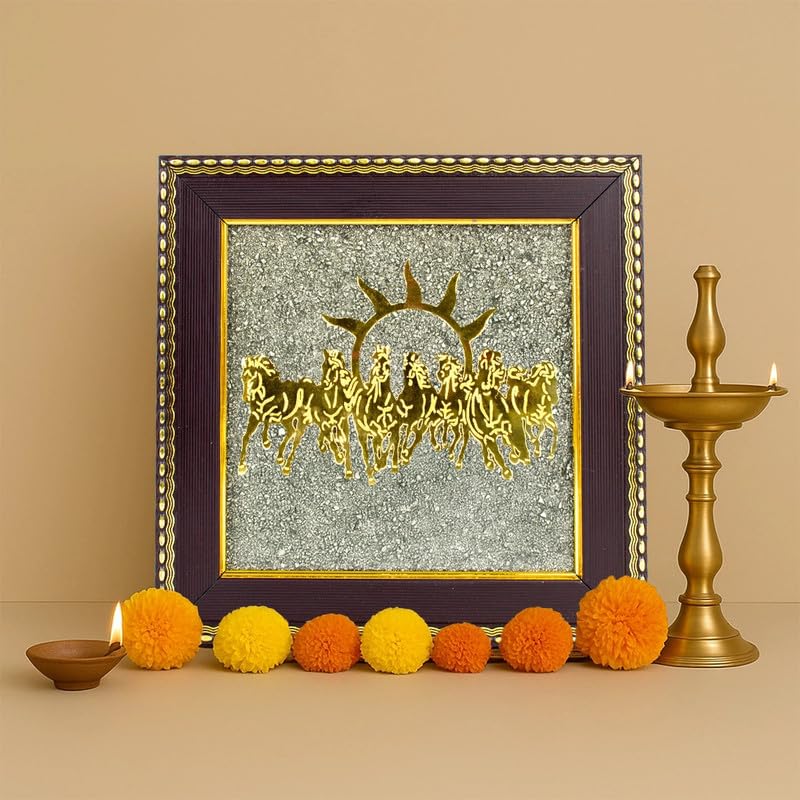 Astrotalk 7 Horses on Raw Pyrite Frame | Seven Horses Wall Decor Pyrite Stone Frame for Success & Fame | Vastu Items for Money Attraction | Wall Decor | Ideal Gift | 19x19x1 cm | 1 Piece