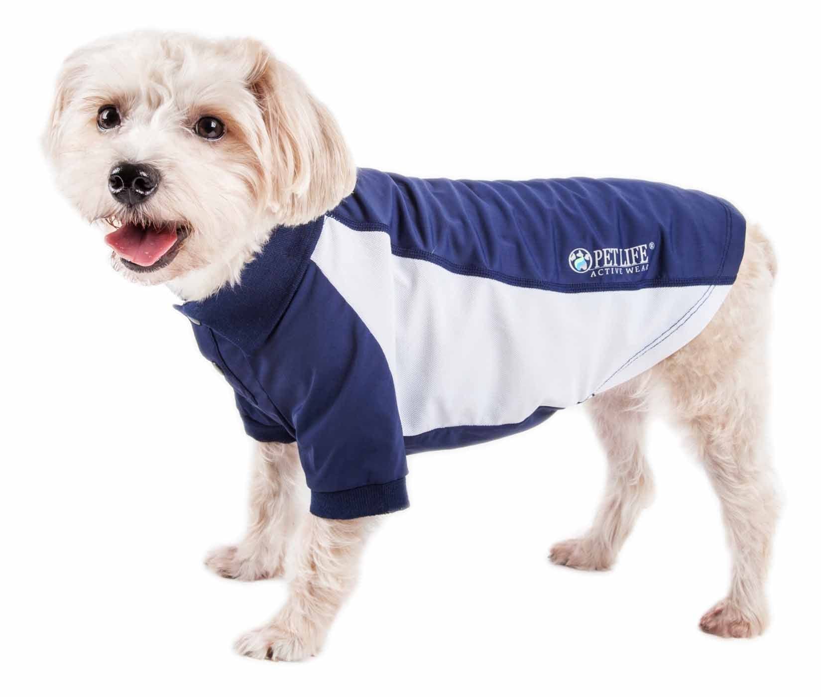 Pet Life  Active Barko Pawlo Relax-Stretch Wick-Proof Performance Dog Polo T-Shirt, Navy With White - Medium