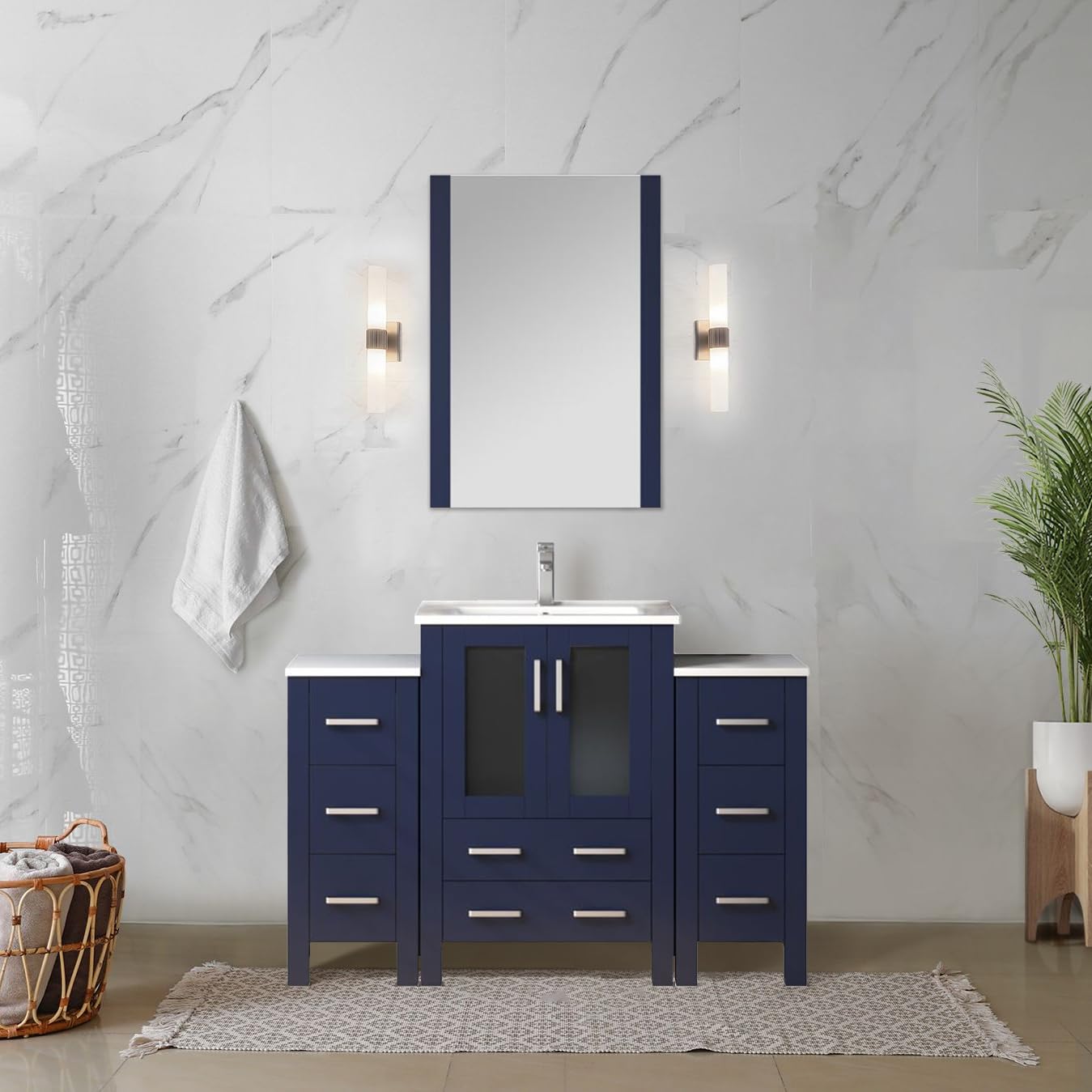 Volez 48 in W x 18.25 in D Navy Blue Single Bath Vanity with Side Cabinet, and White Ceramic Top