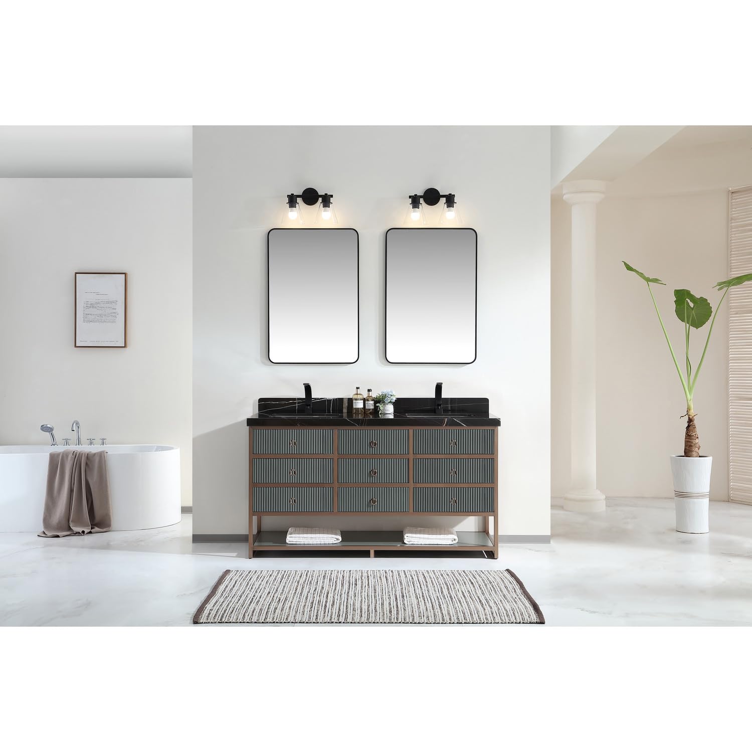 72 DOUBLE VANITY WITH GOLDEN BRUSH STAINLESS STEEL FRAME AND PEWTER GREEN FINISH WITH 2??THICK BLACK NATUAL STONE TOP