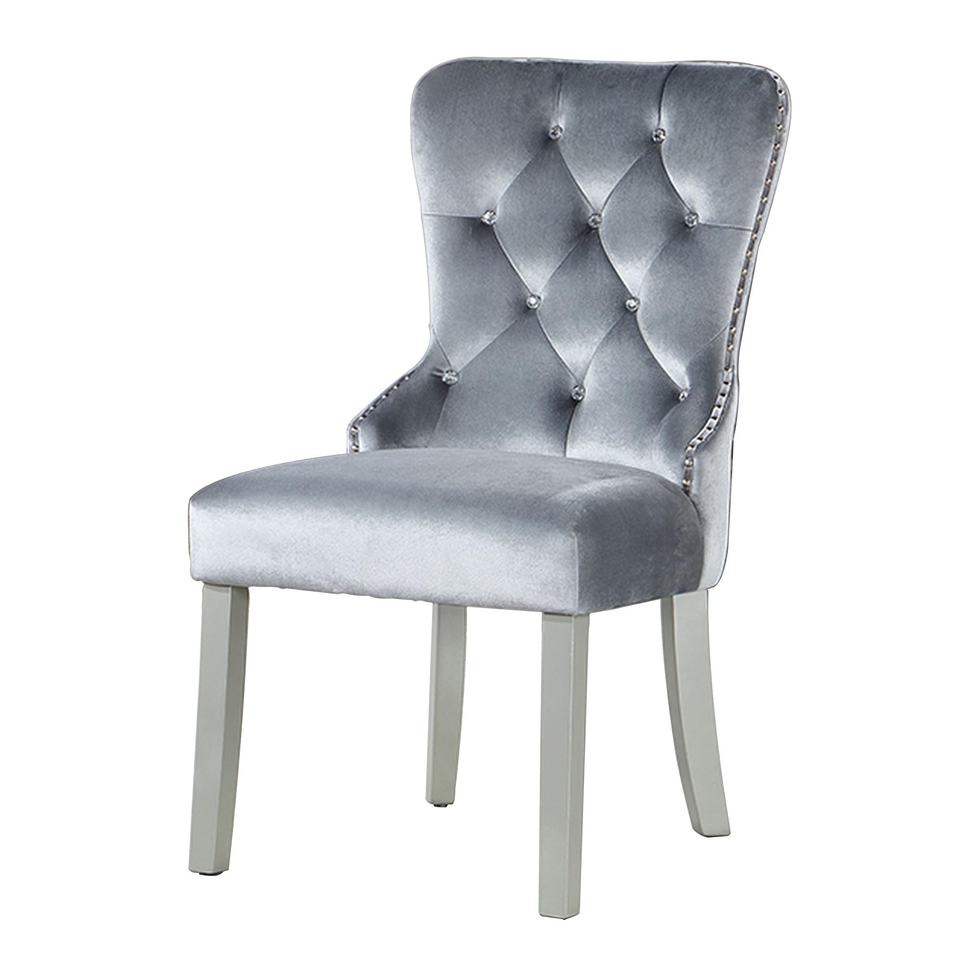 Ada 21 Inch Dining Chair, Set of 2, Gray Flannelette, Acrylic Crystal Tufting