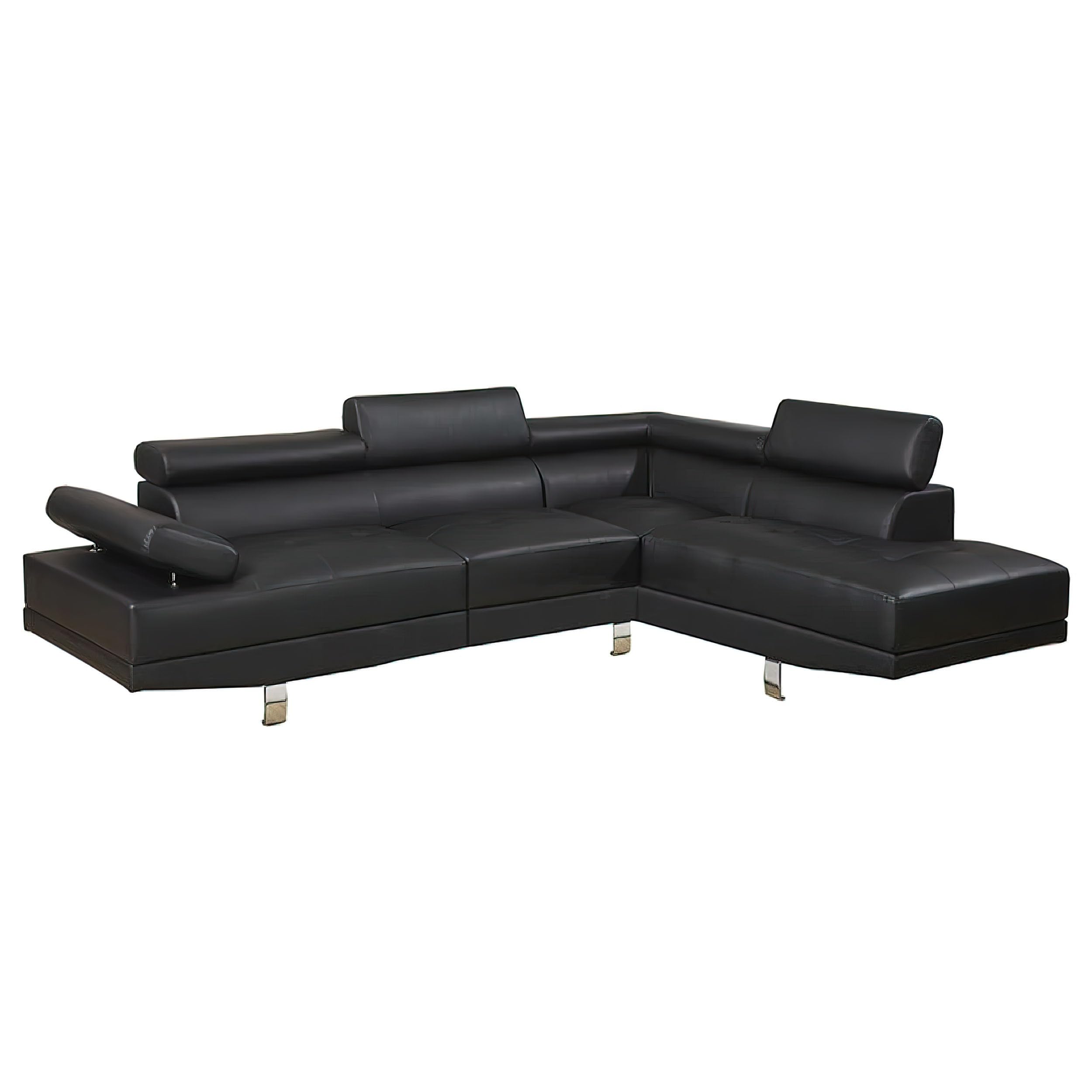 Cree 2 Piece Modern Sectional Sofa with Chaise, Adjustable Headrests, Black