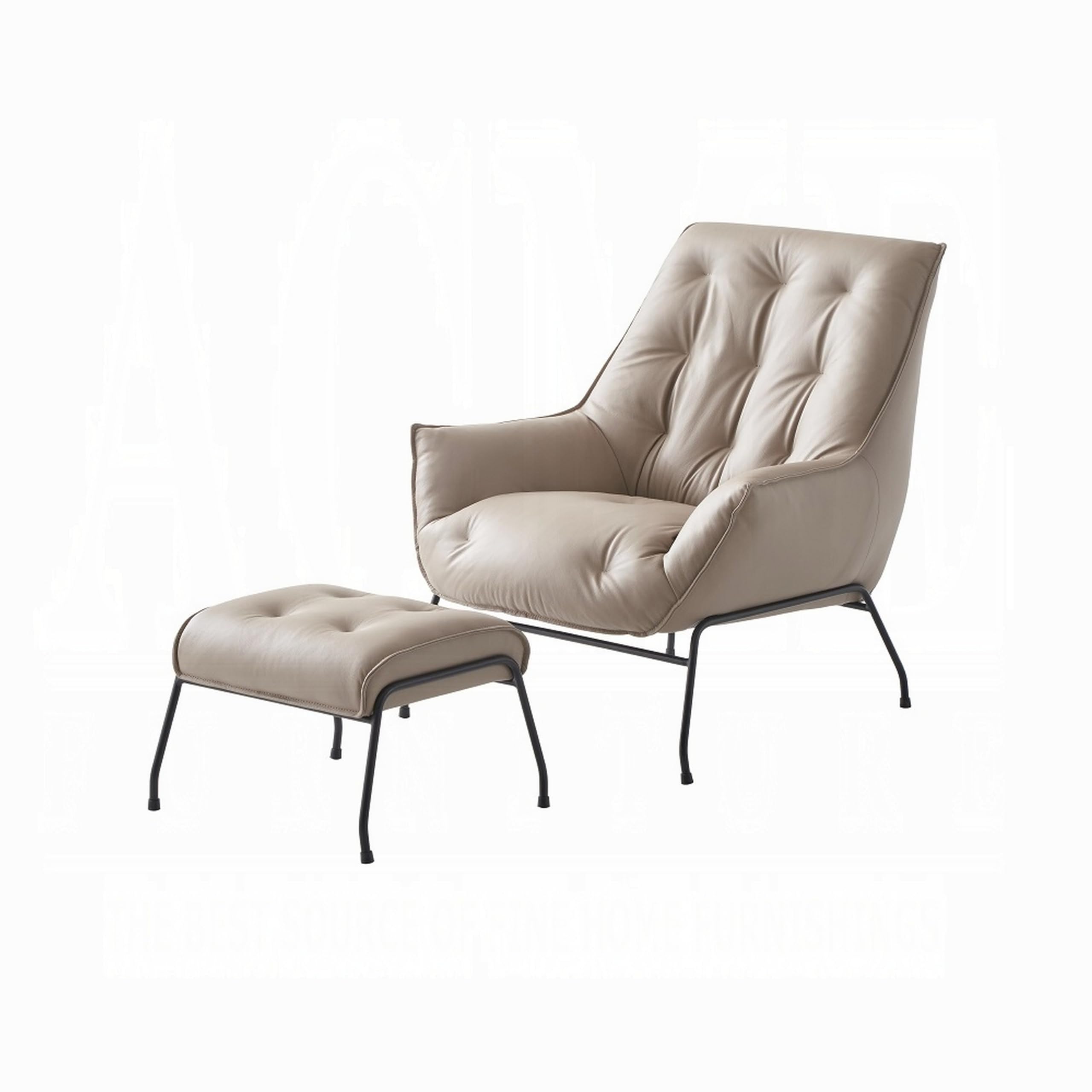 Quiza 2pc Set Accent Chair and Ottoman, Khaki Top Grain Leather, Metal