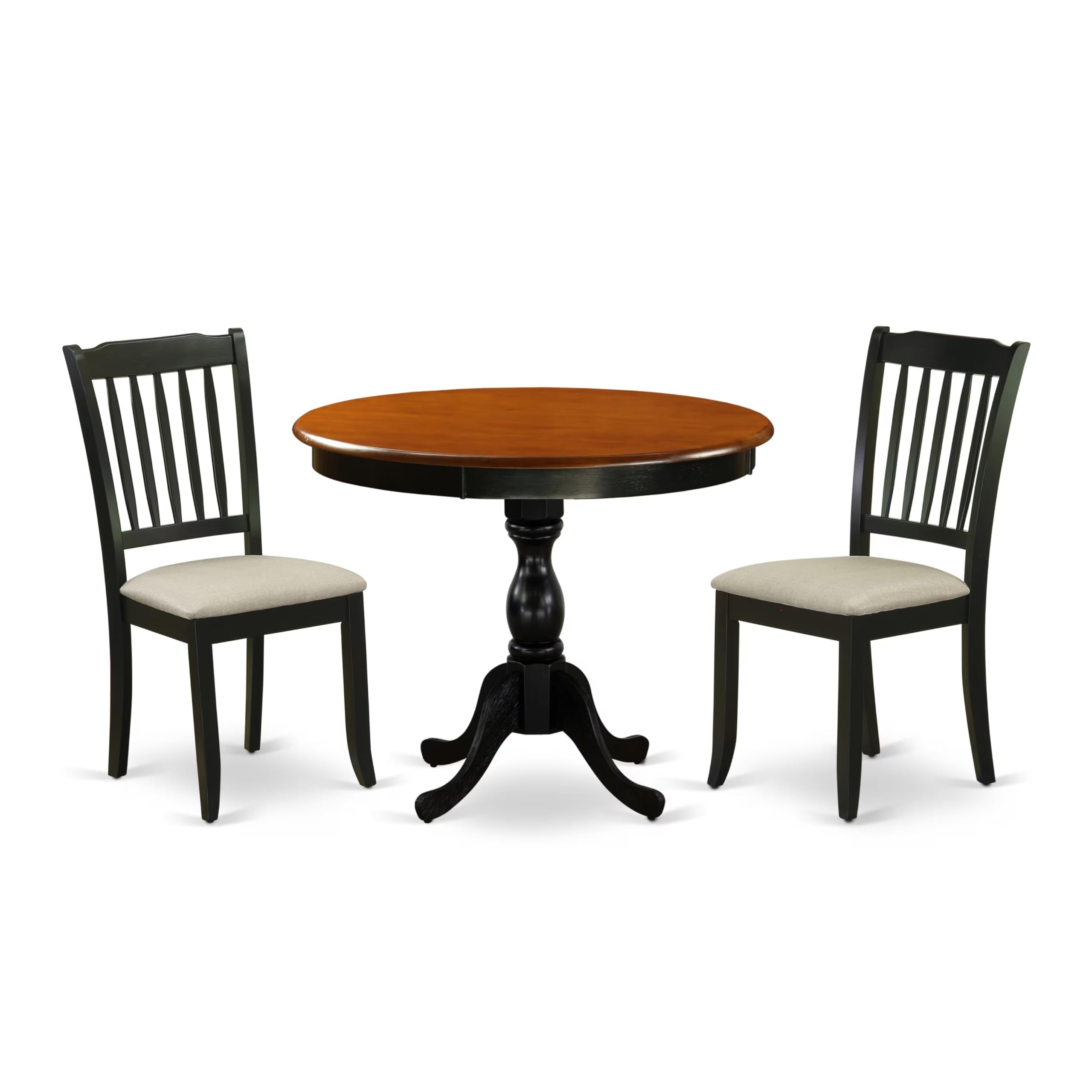 East West Furniture AMDR3-BCH-24 3-Pc Dinner Table Set Contains a Round Dining Room Table and 2 Black Linen Fabric Parsons Chairs with High Back - Black Finish
