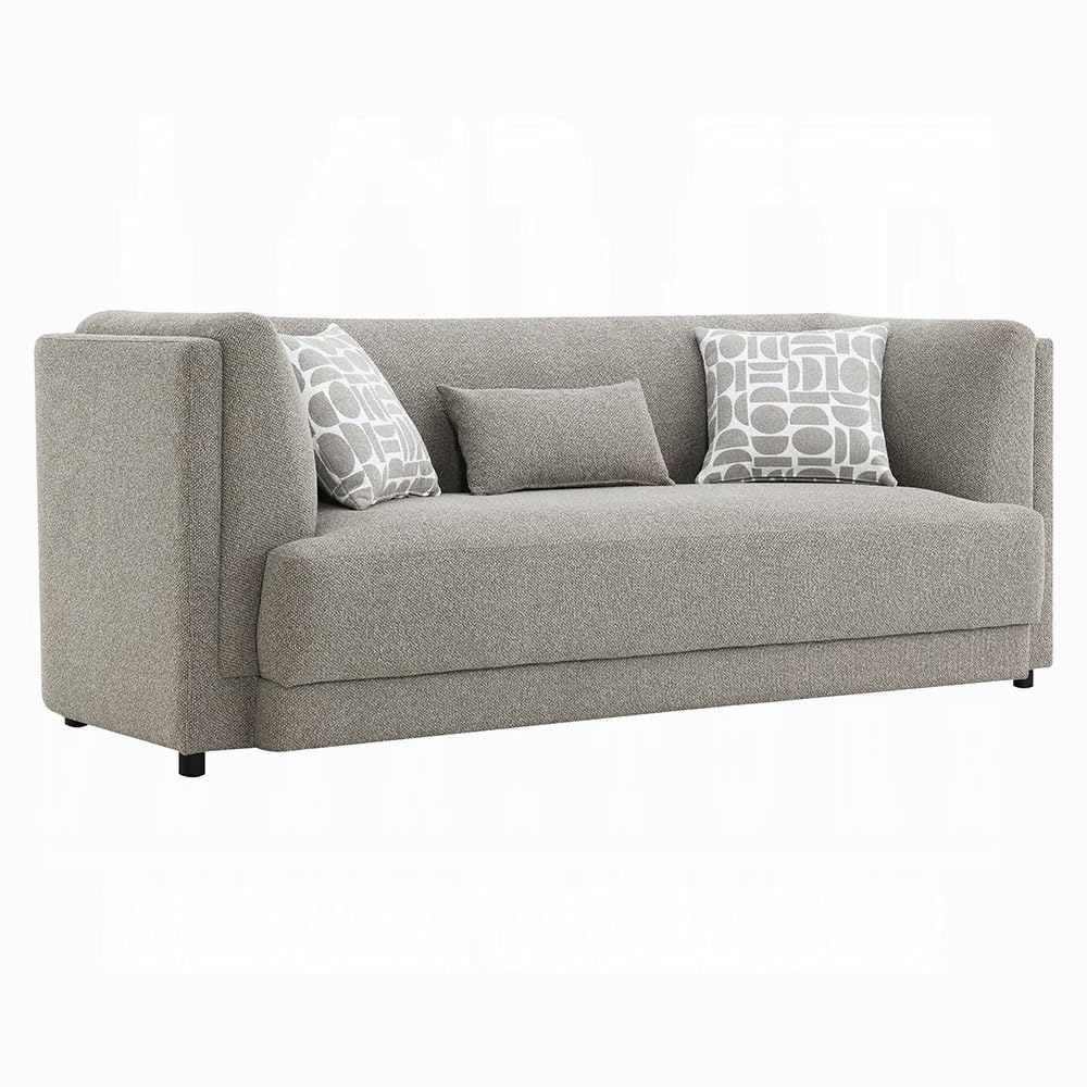 Gely 87 Inch Sofa with 3 Accent Pillows, Straight Arms, Gray Chenille