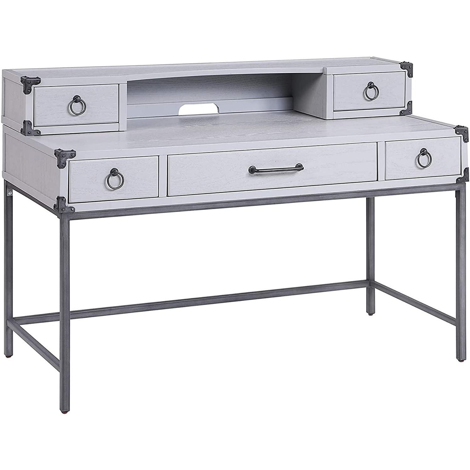Benzara Bm230138 5 Drawer Wooden Desk With Ring Pulls & Metal Braces, Gray