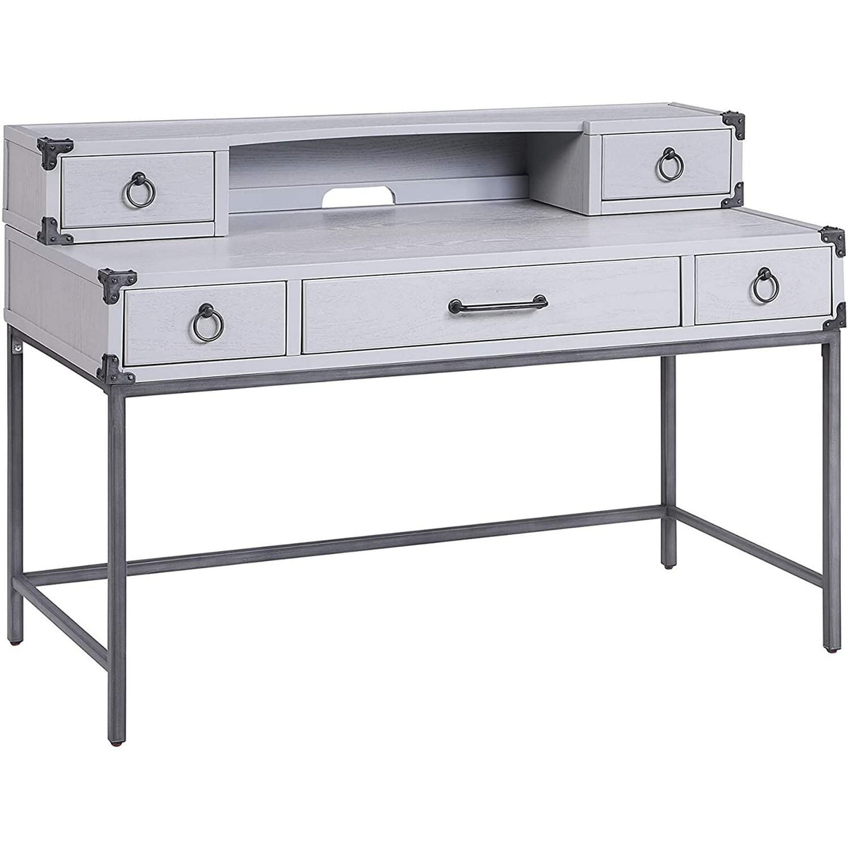 Benzara Bm230138 5 Drawer Wooden Desk With Ring Pulls & Metal Braces, Gray