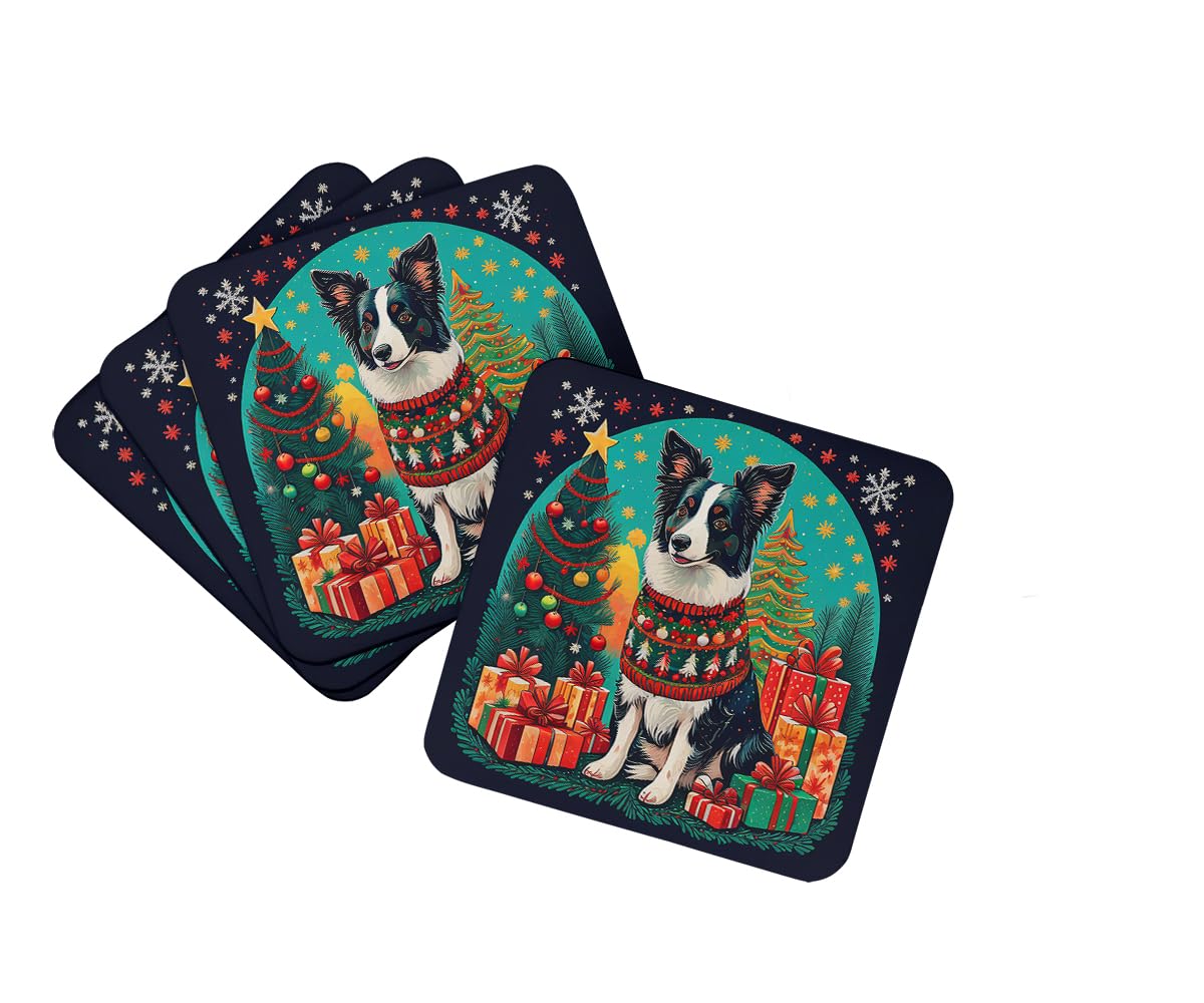 Carolines Treasures Border Collie Christmas Foam Coaster Set of 4 Cup Coasters for Indoor and Outdoor, Coaster for Tabletop Protection, Anti Slip, Mouse pad Material