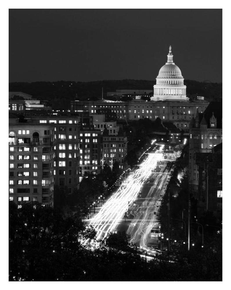 Dusk view of Pennsylvania Avenue, Americas Main Street in Washington, D.C. - Black and White Variant-Paper Art-26x34”
