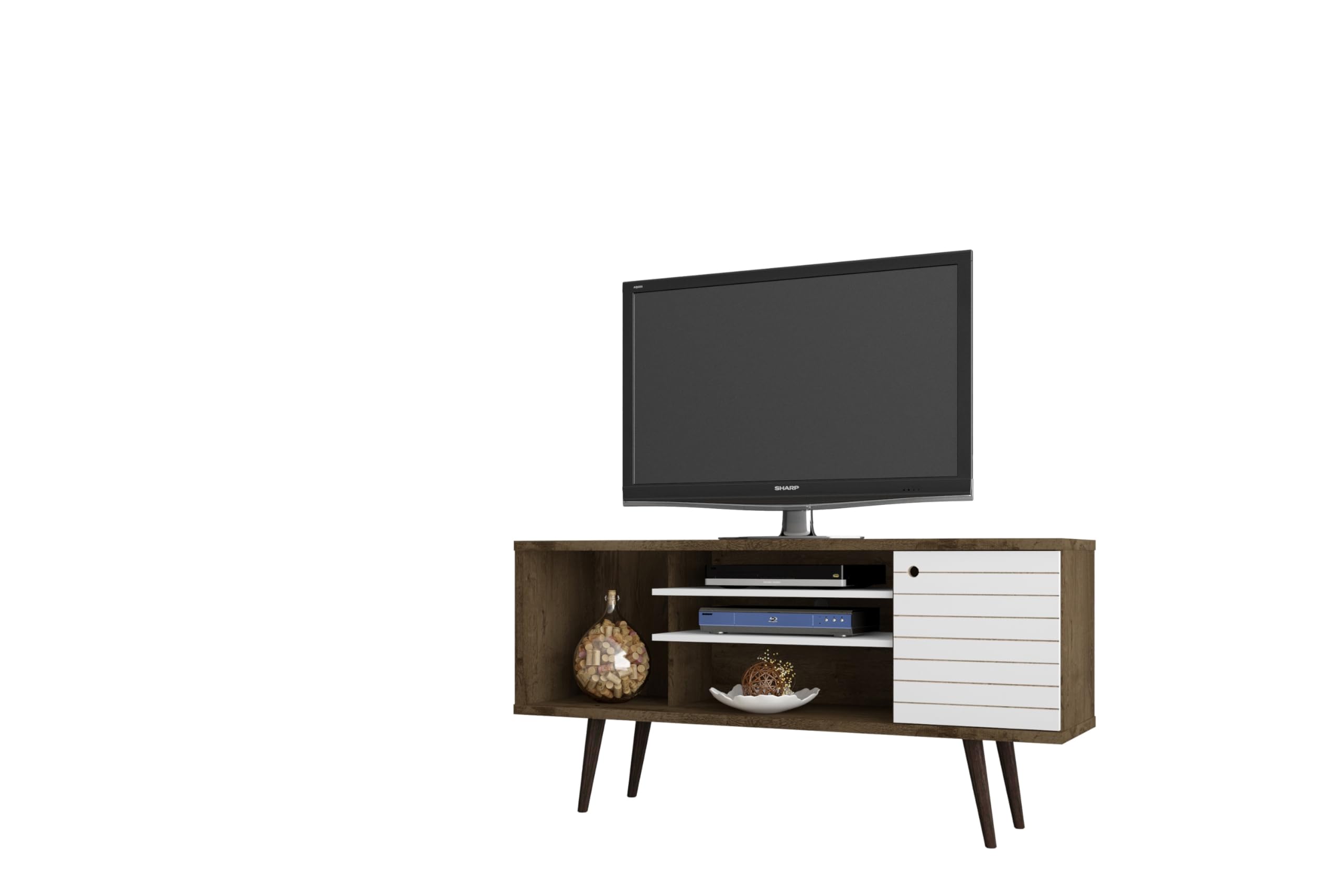 Liberty 53.14 Mid Century - Modern TV Stand  with 5 Shelves and 1 Door in Rustic Brown and White  with Solid Wood Legs
