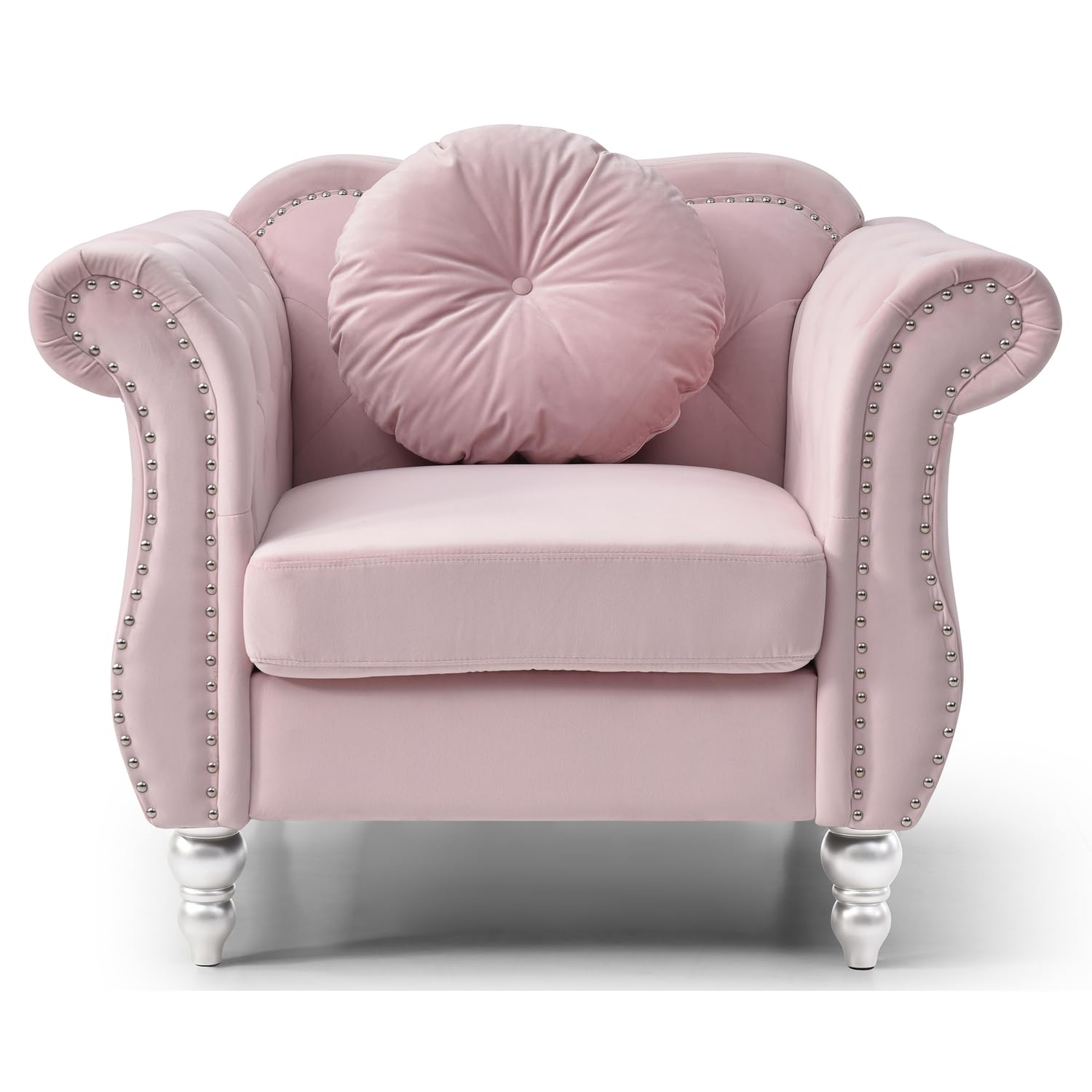 Hollywood Pink Chesterfield Tufted Velvet Accent Chair with Round Throw Pillow