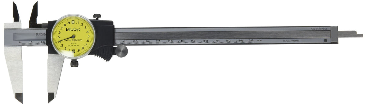 Mitutoyo 505-731 Dial Caliper, Stainless Steel, Yellow Face, 0-200 Mm Range, -0.03 Mm Accuracy, 0.02 Mm Resolution