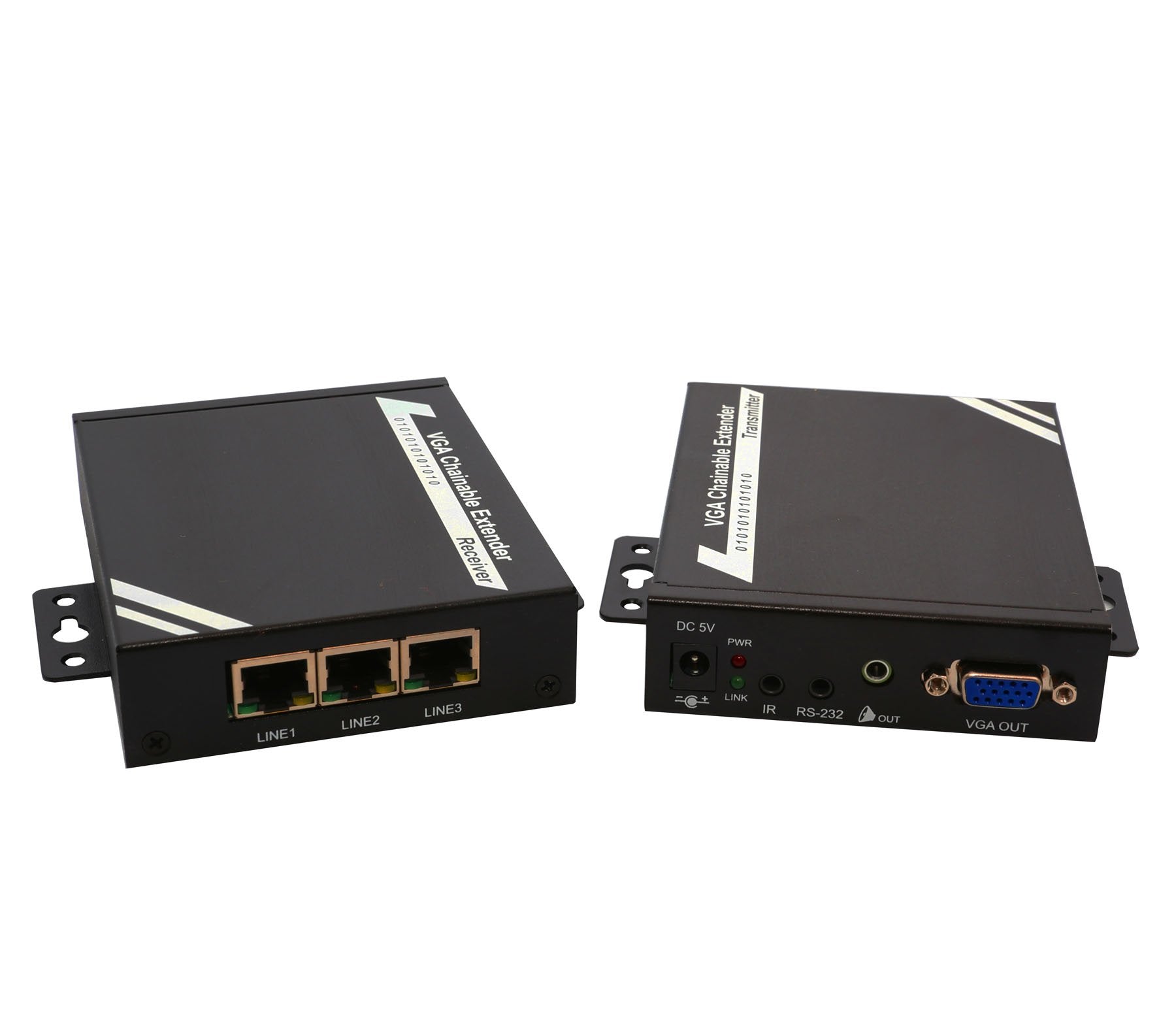 VGA-Audio Chainable-Splitter Extender over CAT.5e/6-IP up to 100-meter, Resolution up to 1920x1080 (Full HD 1080p), Support RS-232, Infrared Remote Enabled, including Transmitter TX and Receiver RX, Black Color, Bracket Mountable