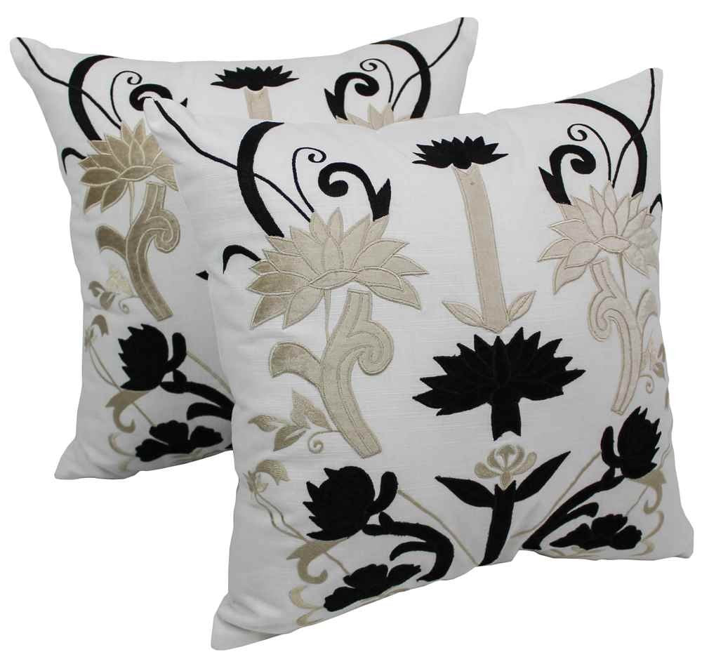 Blazing Needles 20-inch Indian Floral Elegance Velvet Applique Throw Pillows (Set of 2) - Black and Beige Velvet/ Ivory Fabric