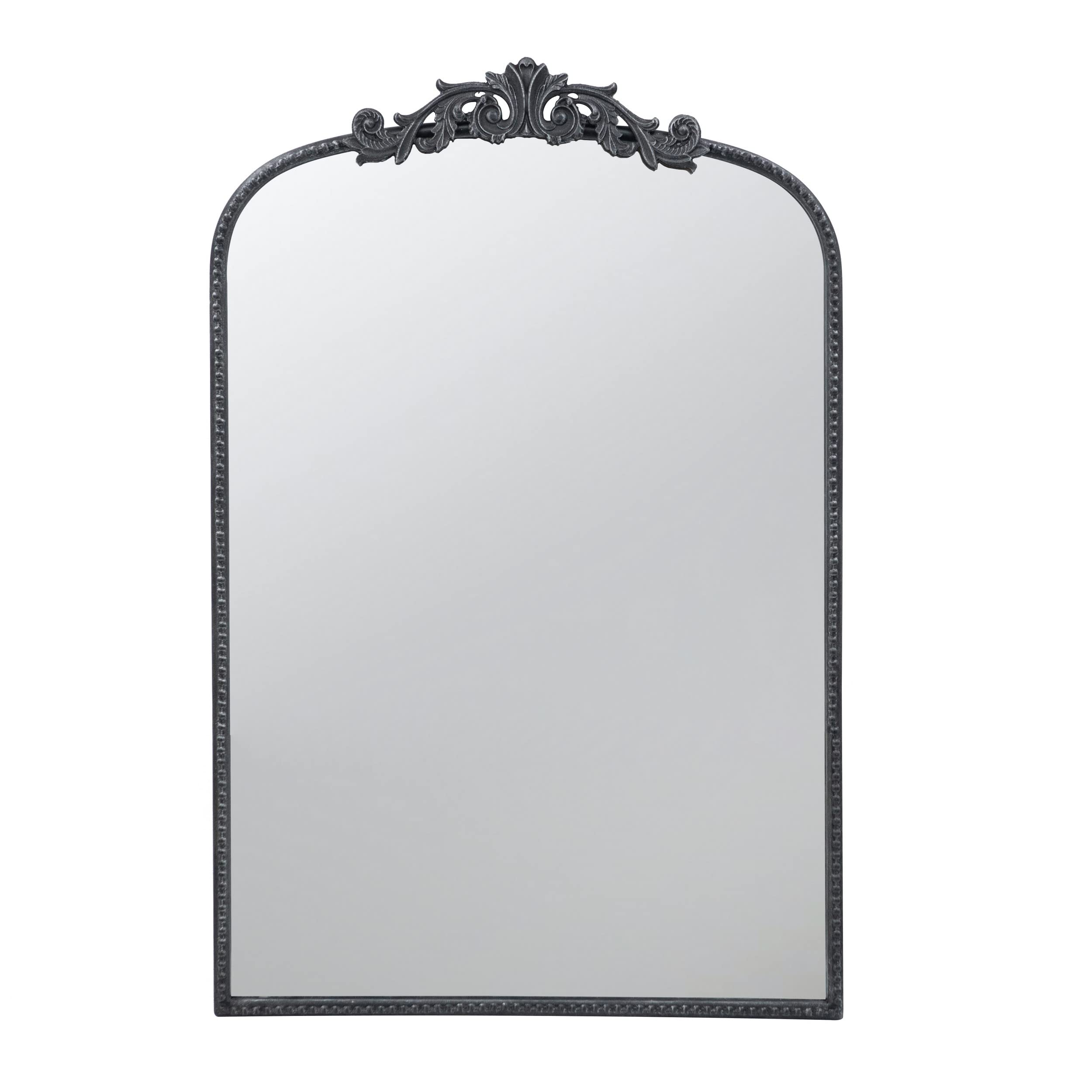 Kea 36 Inch Wall Mirror, Black Curved Metal Frame, Baroque Accent Design
