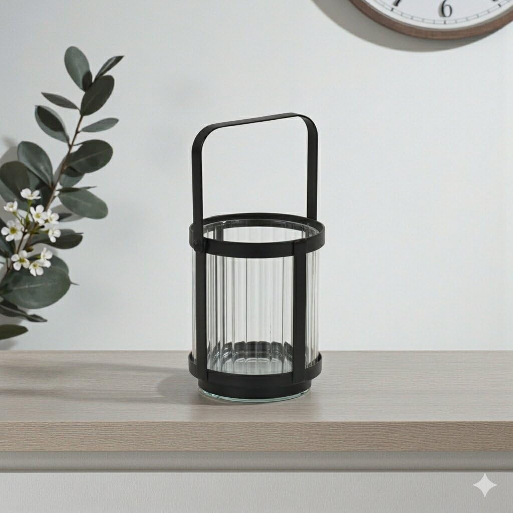 Vortial Fluted Glass Candle Lantern with Black Metal Frame - Small
