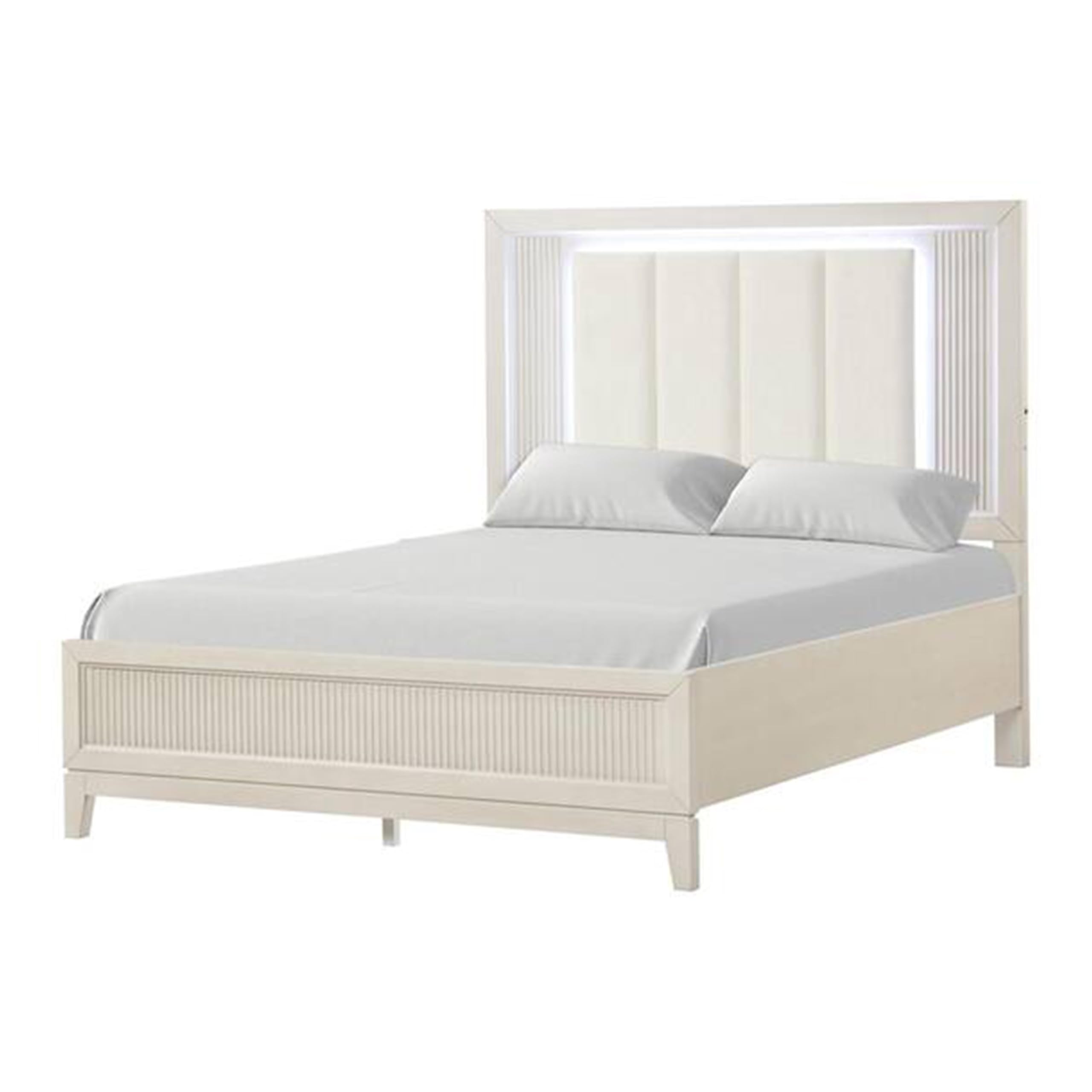 Toi Queen Bed, LED Headboard w Tufted Upholstery, Fluted Antique White