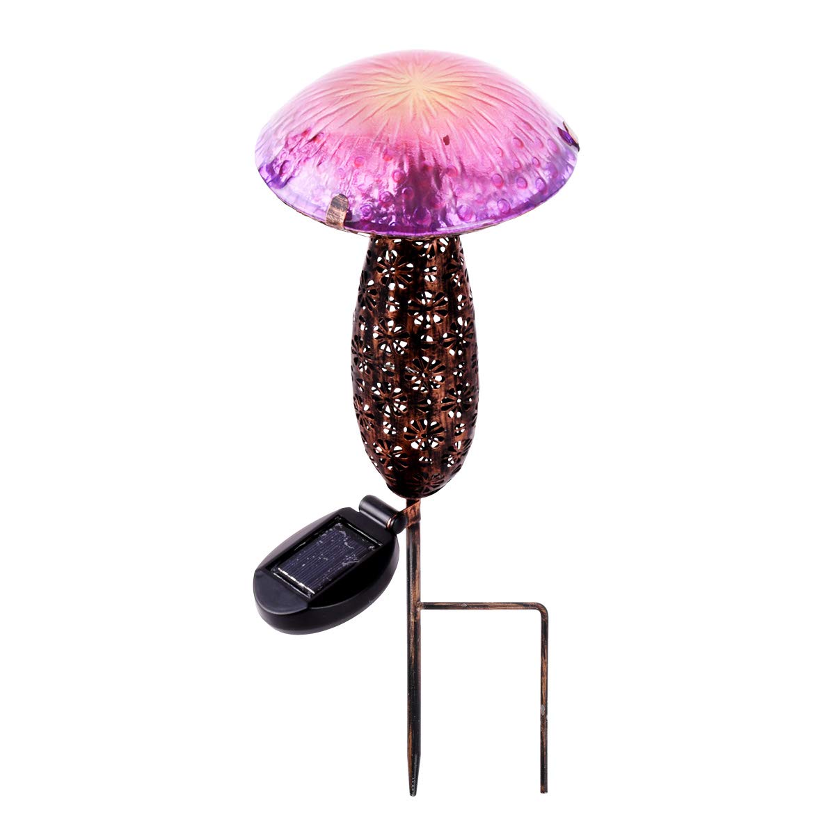 Hi-Line Gift Ltd 78417-B Metal And Glass Solar Mushroom Stake with LED - Pink And Purple