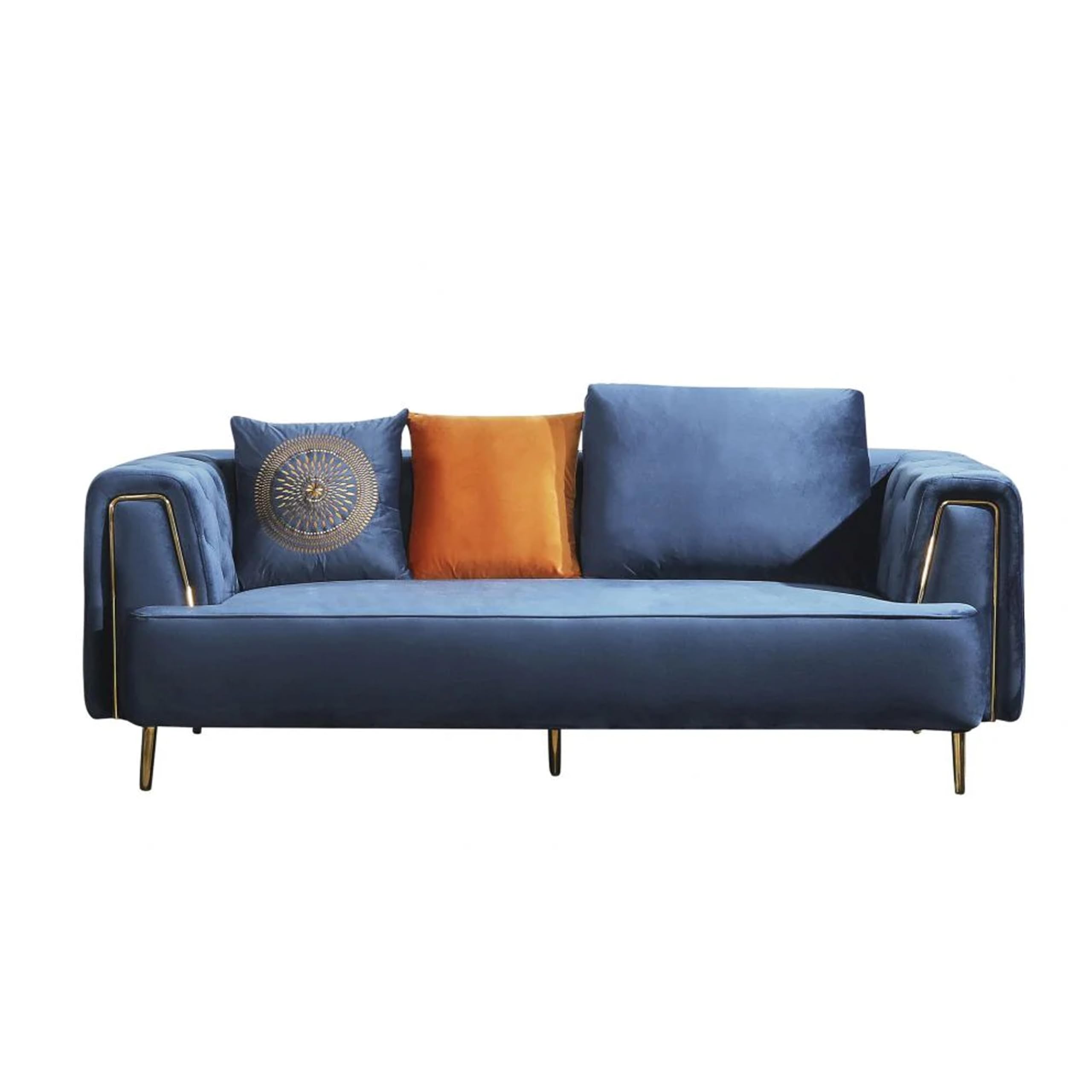 Azia Sofa, Blue Velvet, Tufted Arms, Golden Accents, Throw Pillows 83 Inch