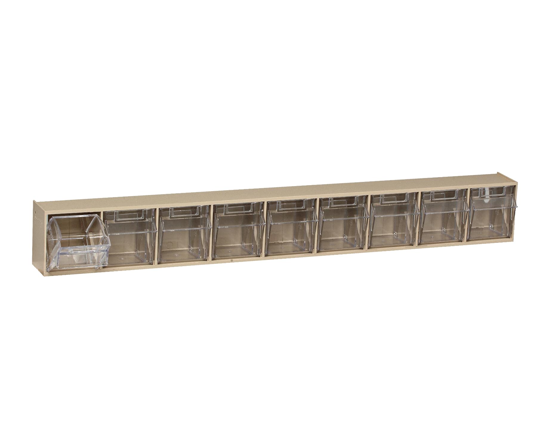 Tip Out Bin, (9) compartment, handle with label slot, opens to a 45 angle, plastic clear container, polystyrene ivory cabinet, Made in USA