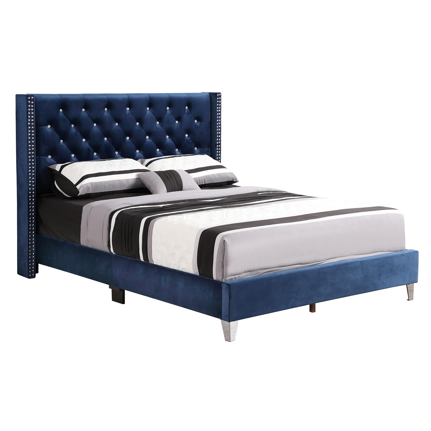 Julie Light Navy Blue Tufted Upholstered Low Profile Full Panel Bed