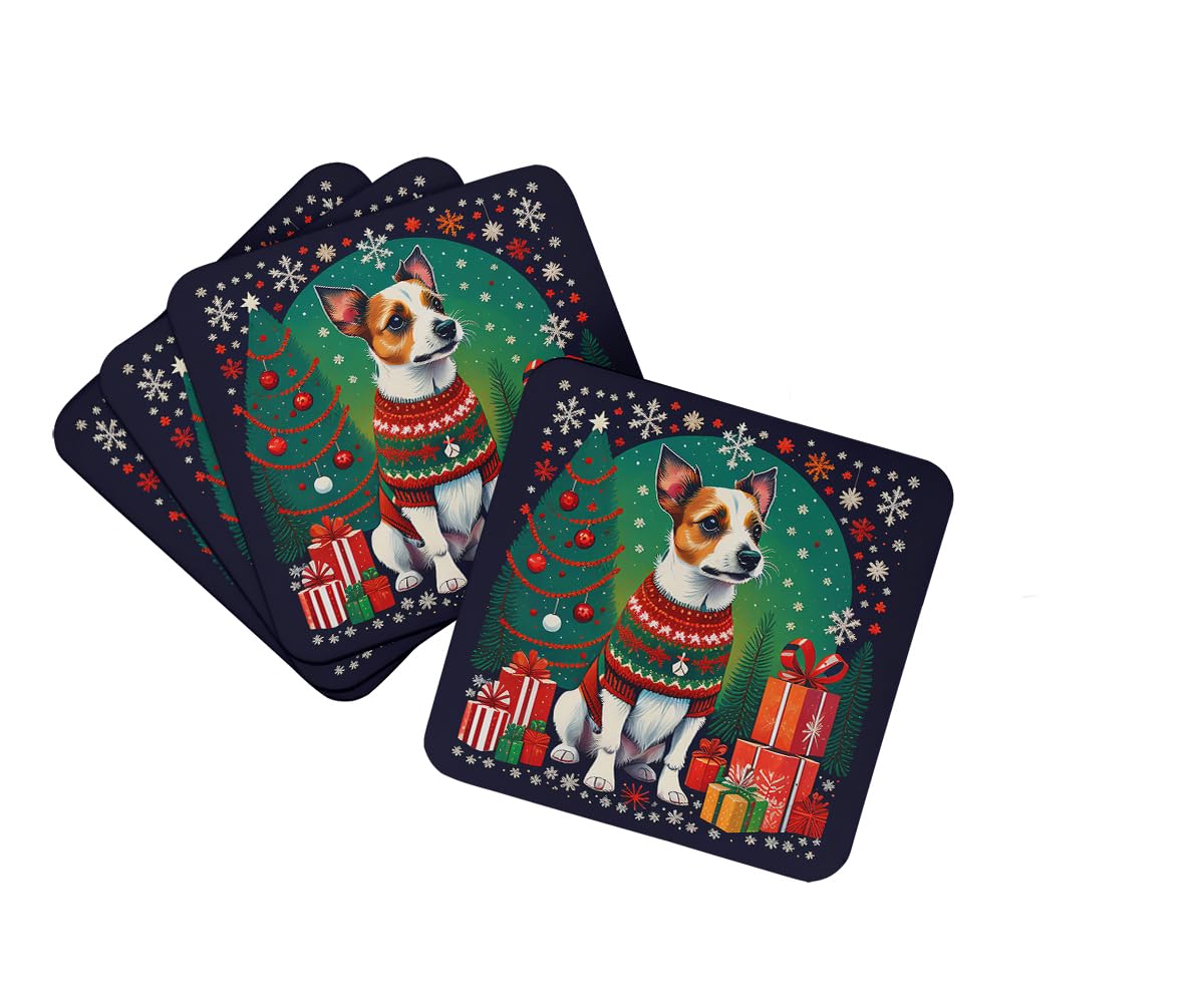 Carolines Treasures Jack Russell Terrier Christmas Foam Coaster Set of 4 Cup Coasters for Indoor and Outdoor, Coaster for Tabletop Protection, Anti Slip, Mouse pad Material