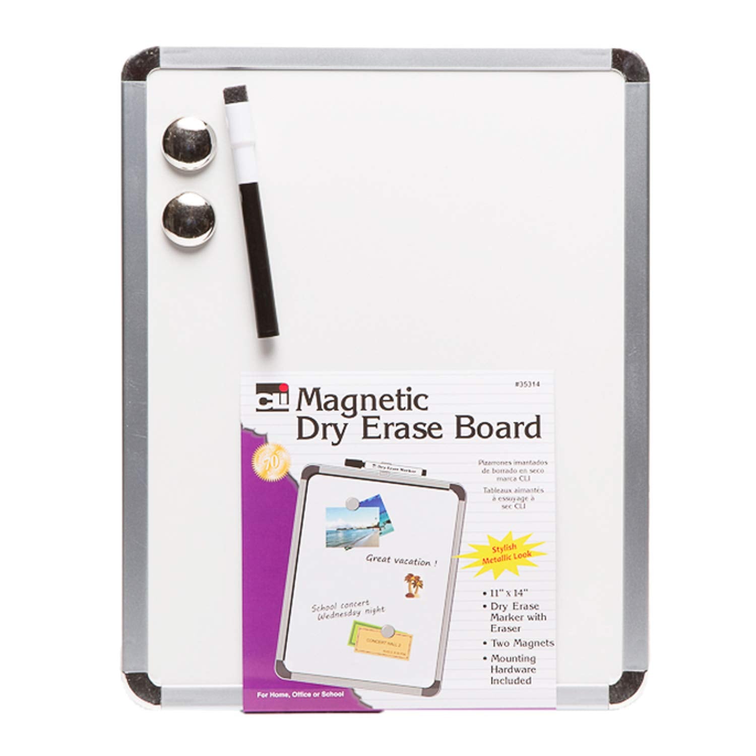 Framed Magnetic Dry Erase Board with Marker & Magnets, Silver Frame, 11 x 14”