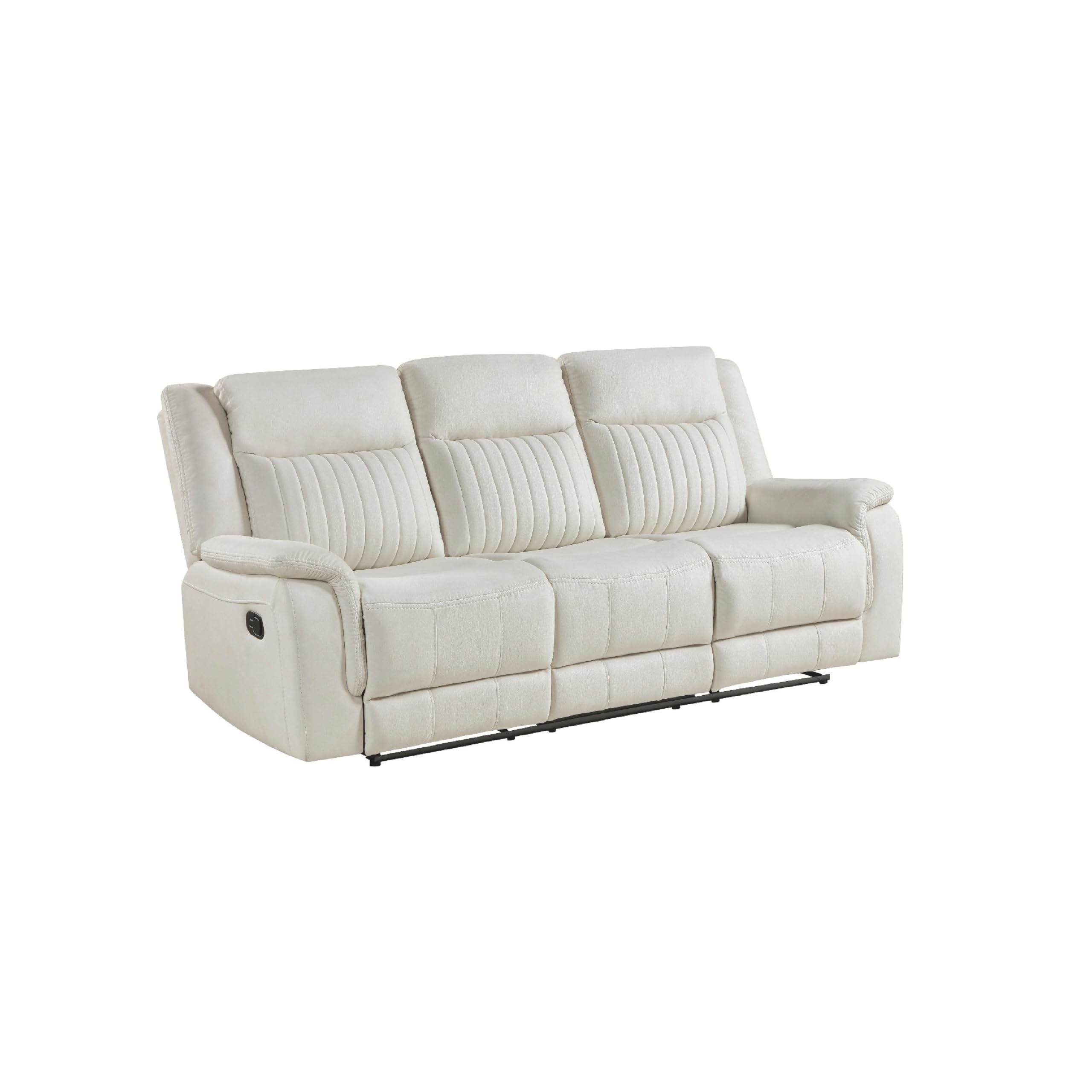 Lenny Manual Recliner Sofa, 3 Seater, Channeled Back, Beige Microfiber