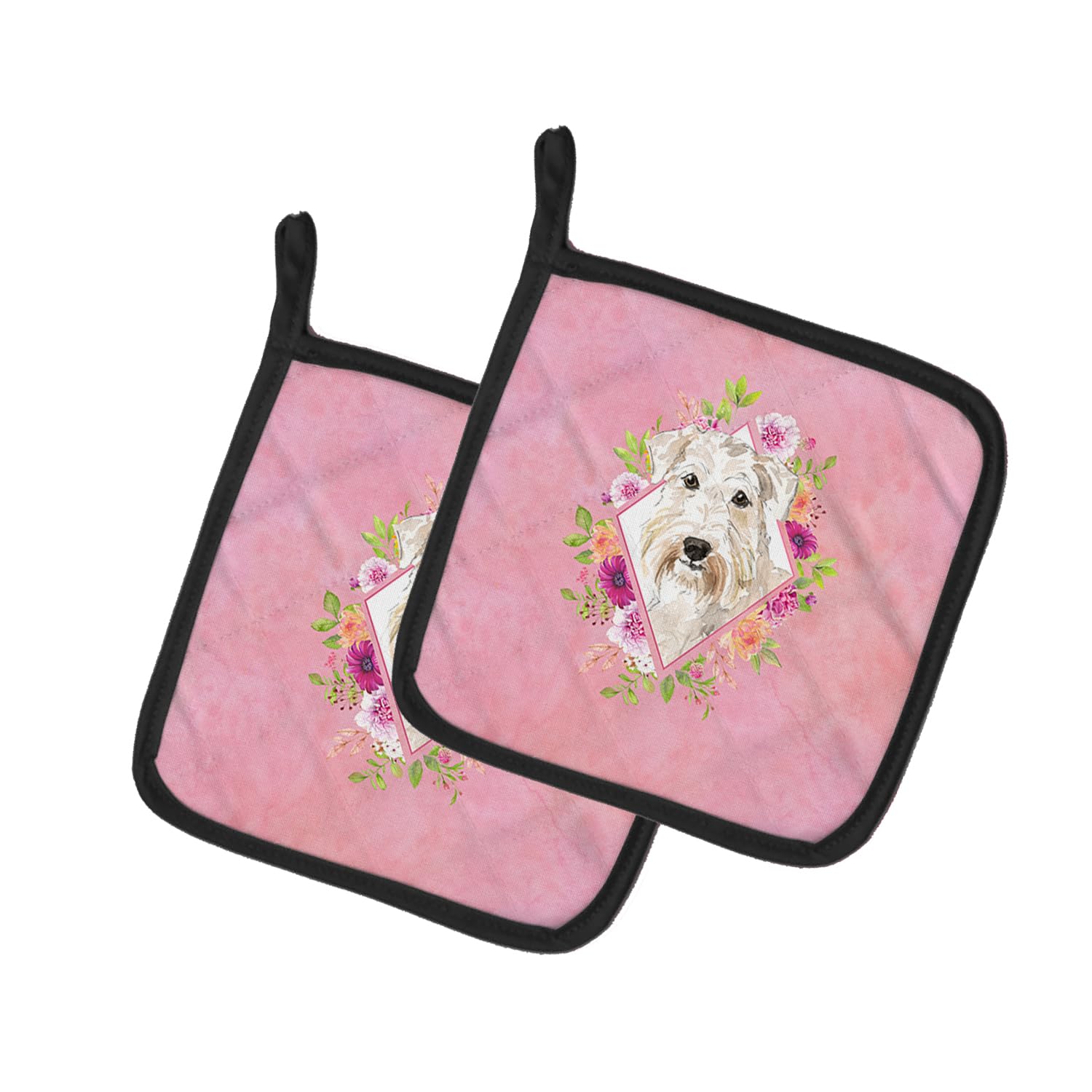 Wheaten Terrier Pink Flowers Pair of Pot Holders