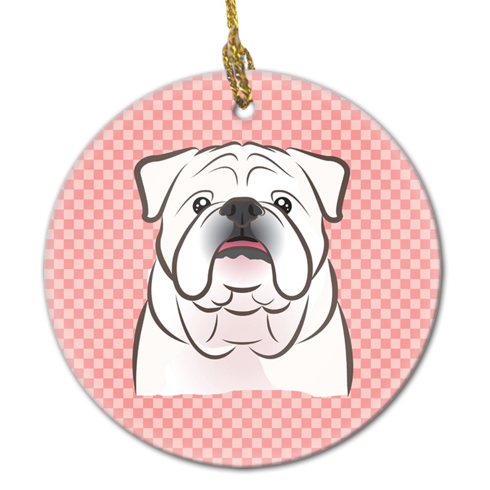 Checkerboard Pink White English Bulldog Ceramic Ornament BB1220CO1