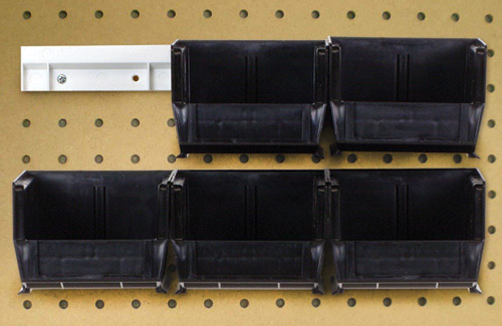 Hang-n-Stack Bin,  package, includes: (6) 7-3/8L x 4-1/8?? x 3?? (QUS220) black bin and (2) bin rails