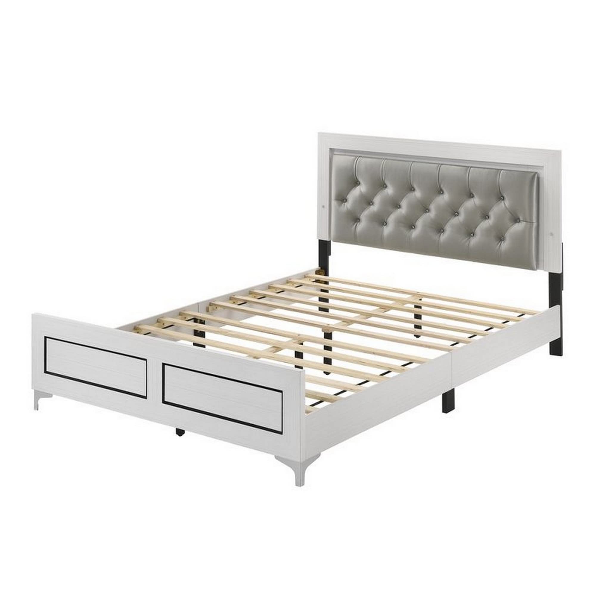 Elegant Queen Size Bed, LED Trim, Button Tufted Headboard, White