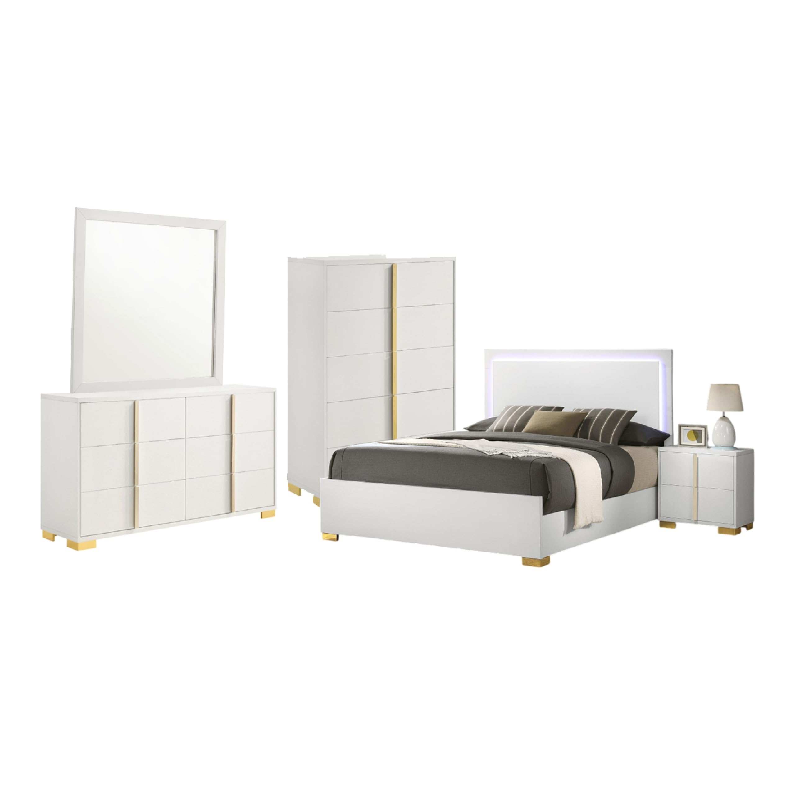 Dex 5pc Queen Bedroom Set with Modern LED Headboard, Mirror, White