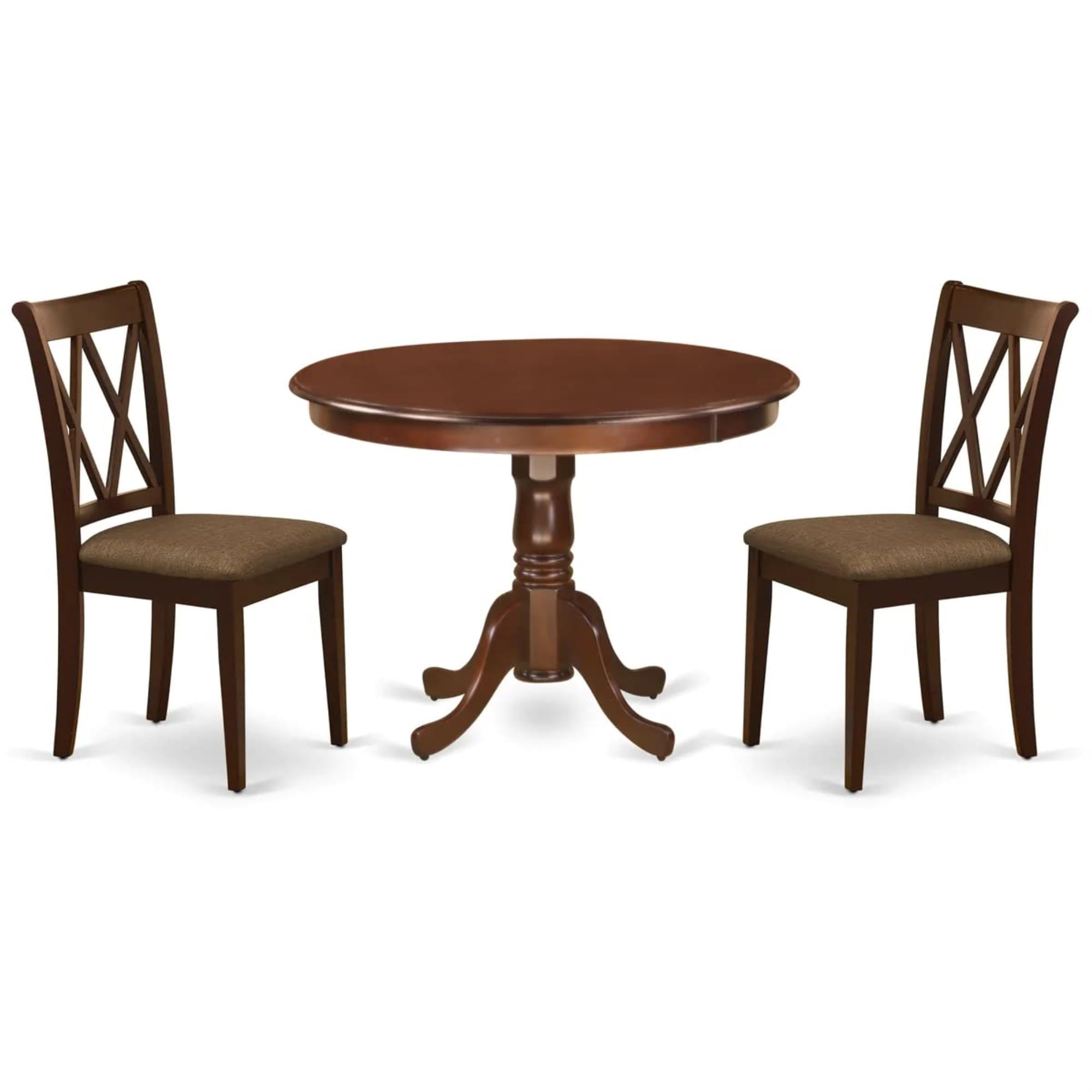 Casafoyer HLCL3-MAH-C 3 Piece Dining Room Furniture Set Contains a Round Kitchen Table with Pedestal and 2 Linen Fabric Upholstered Dining Chairs, 42x42 Inch, Mahogany
