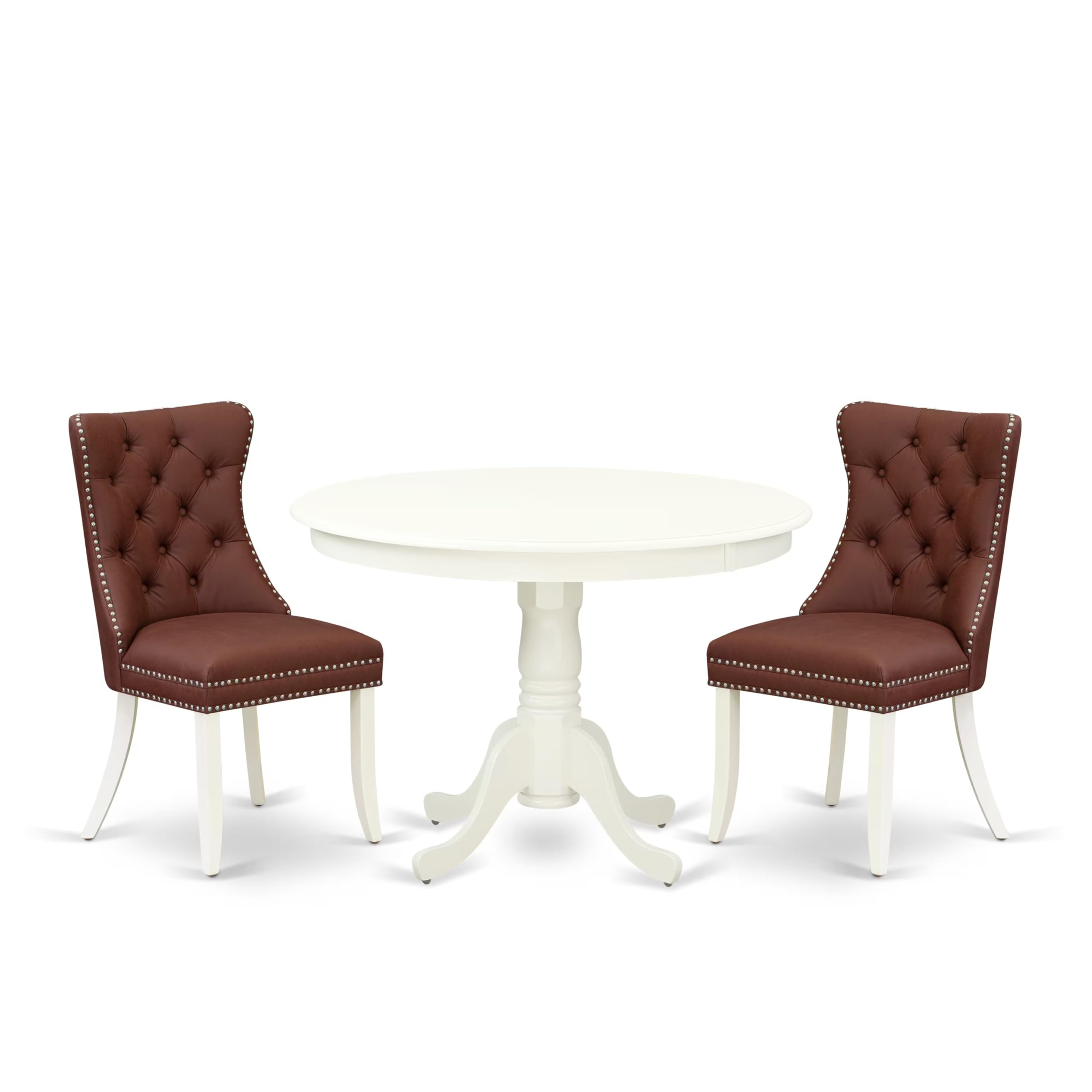 East West Furniture HLDA3-LWH-26 3 Piece Dining Room Furniture Set Includes a Round Kitchen Table with Pedestal and 2 Upholstered Parson Chairs, 42x42 Inch, linen white