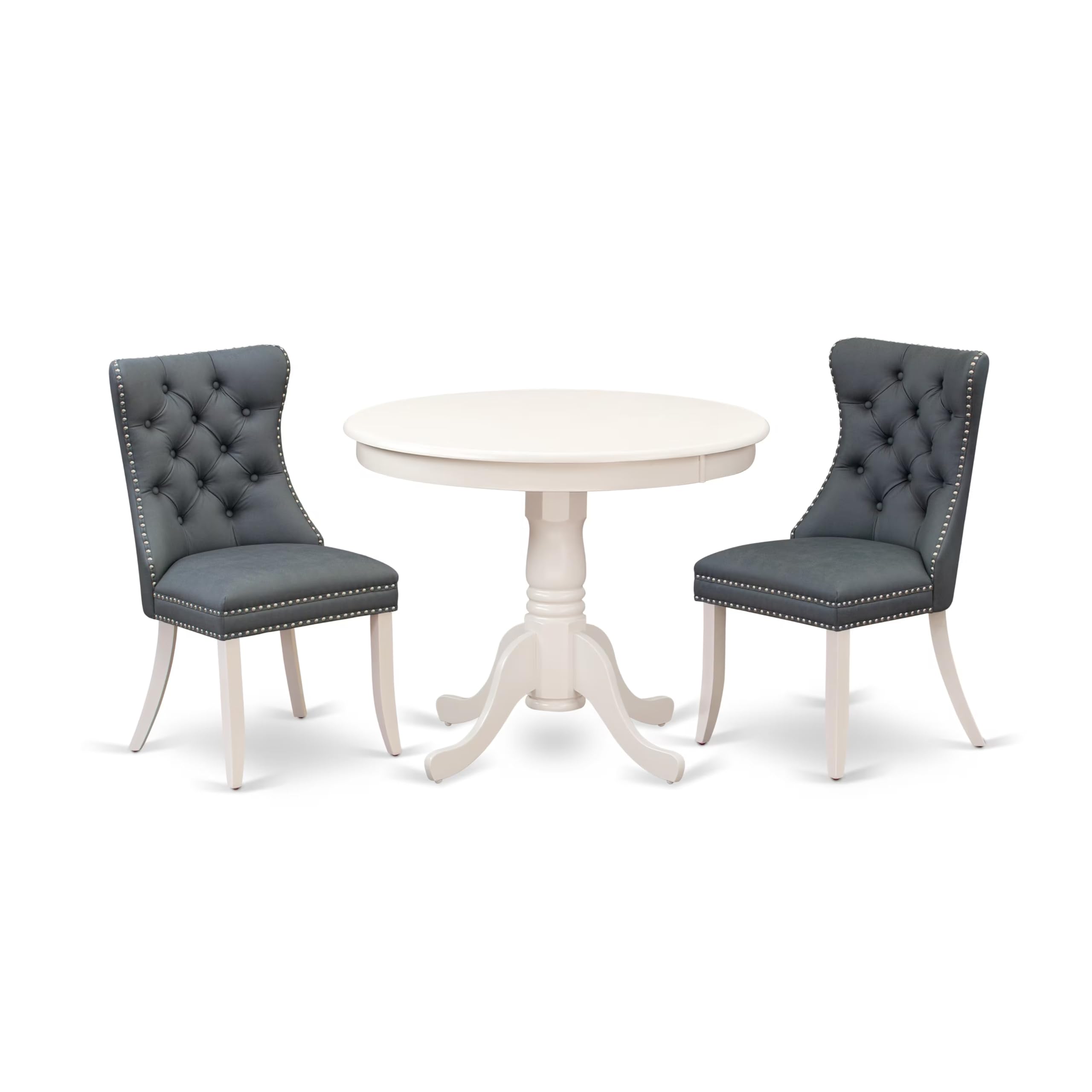East West Furniture ANDA3-LWH-13 3 Piece Dining Set Contains a Round Kitchen Table with Pedestal and 2 Upholstered Parson Chairs, 36x36 Inch, linen white