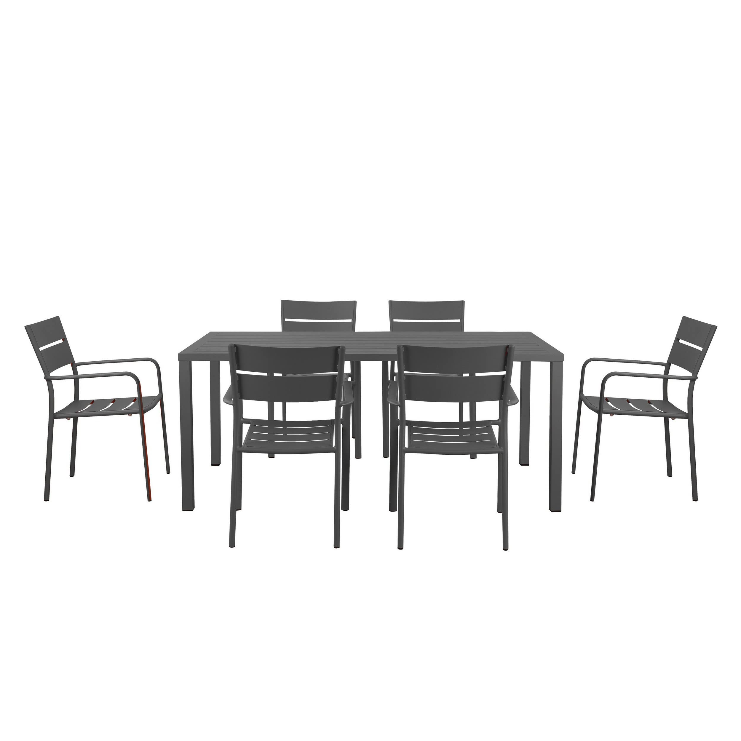 Meta 7 Piece Outdoor Dining Table, Chairs Set, Gray, Plank Seats and Backs