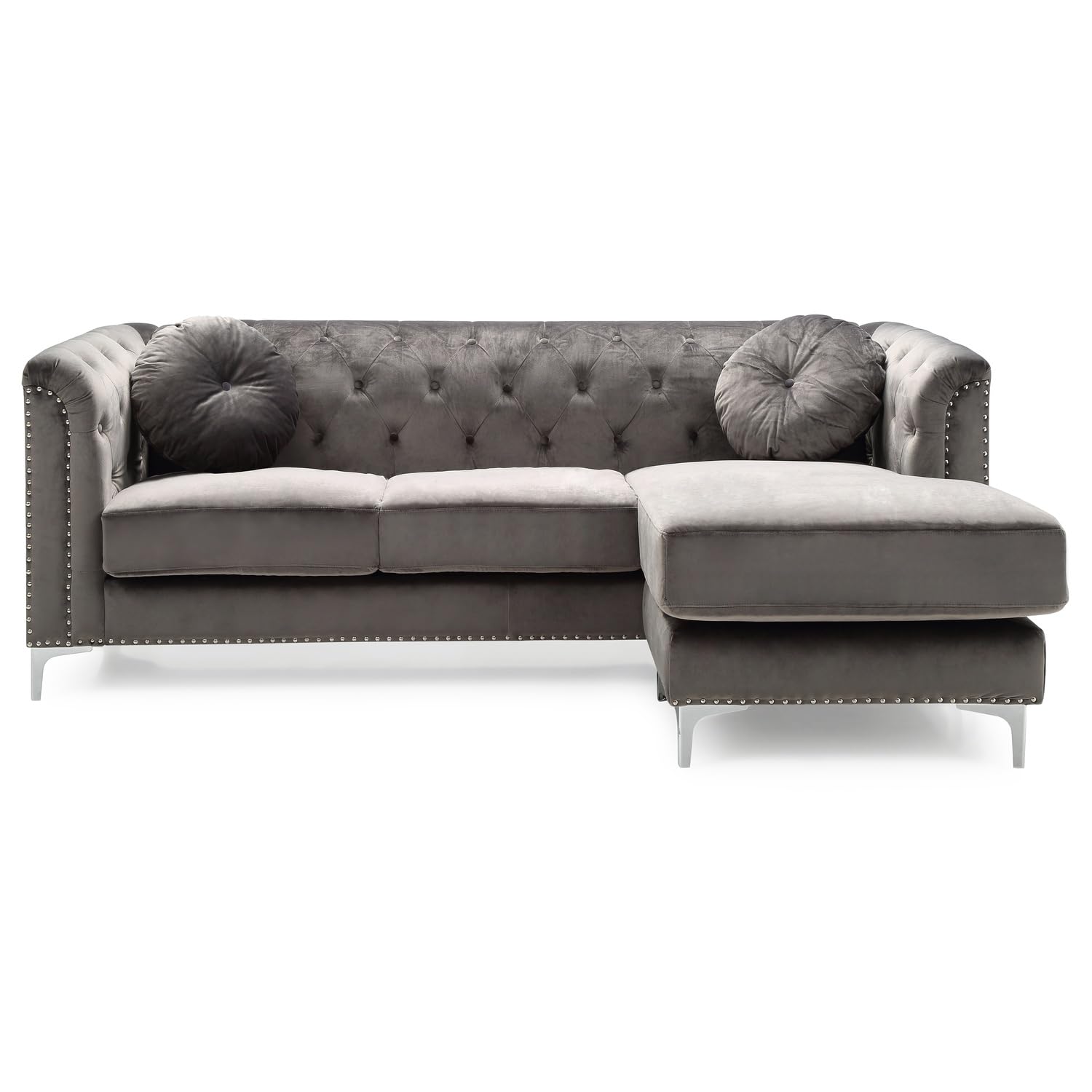 Pompano 83 in. Dark Gray Tufted Velvet Sectional with 2-Throw Pillow