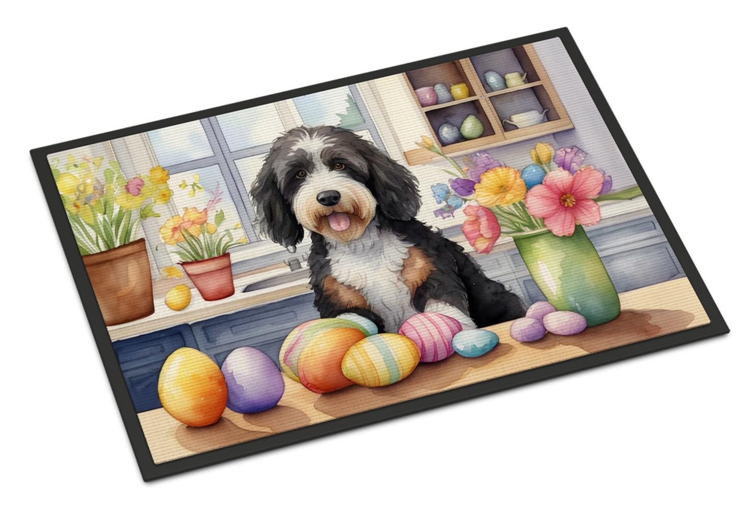 Carolines Treasures DAC6761MAT Decorating Easter Bernedoodle Doormat Front Door Mat Indoor Outdoor Rugs for Entryway, Non Slip Washable Low Pile, 18H X 27W