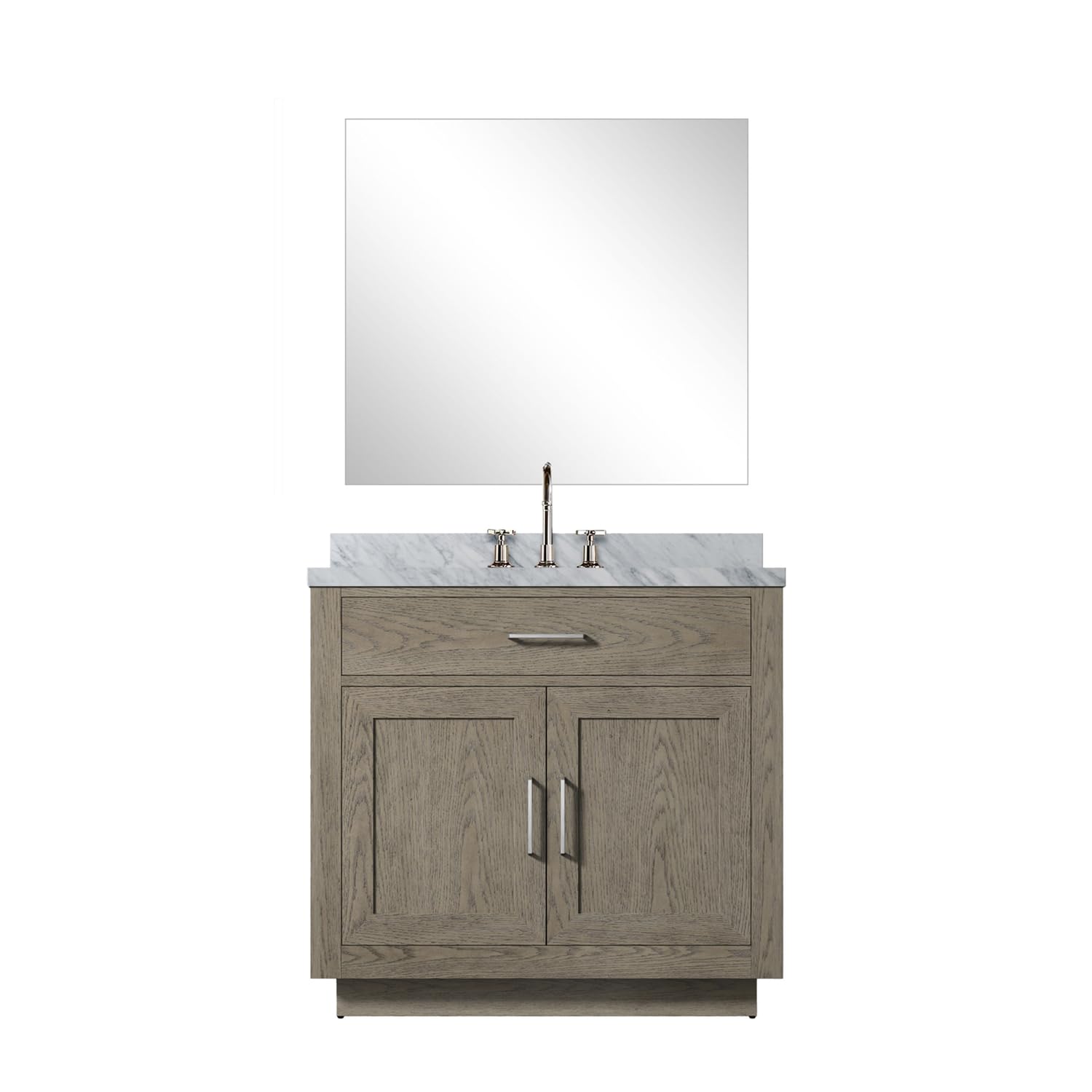 Abbey 36 in W x 22 in D Grey Oak Single Bath Vanity Carrara Marble Countertop, 34 in Mirror and Faucet Set