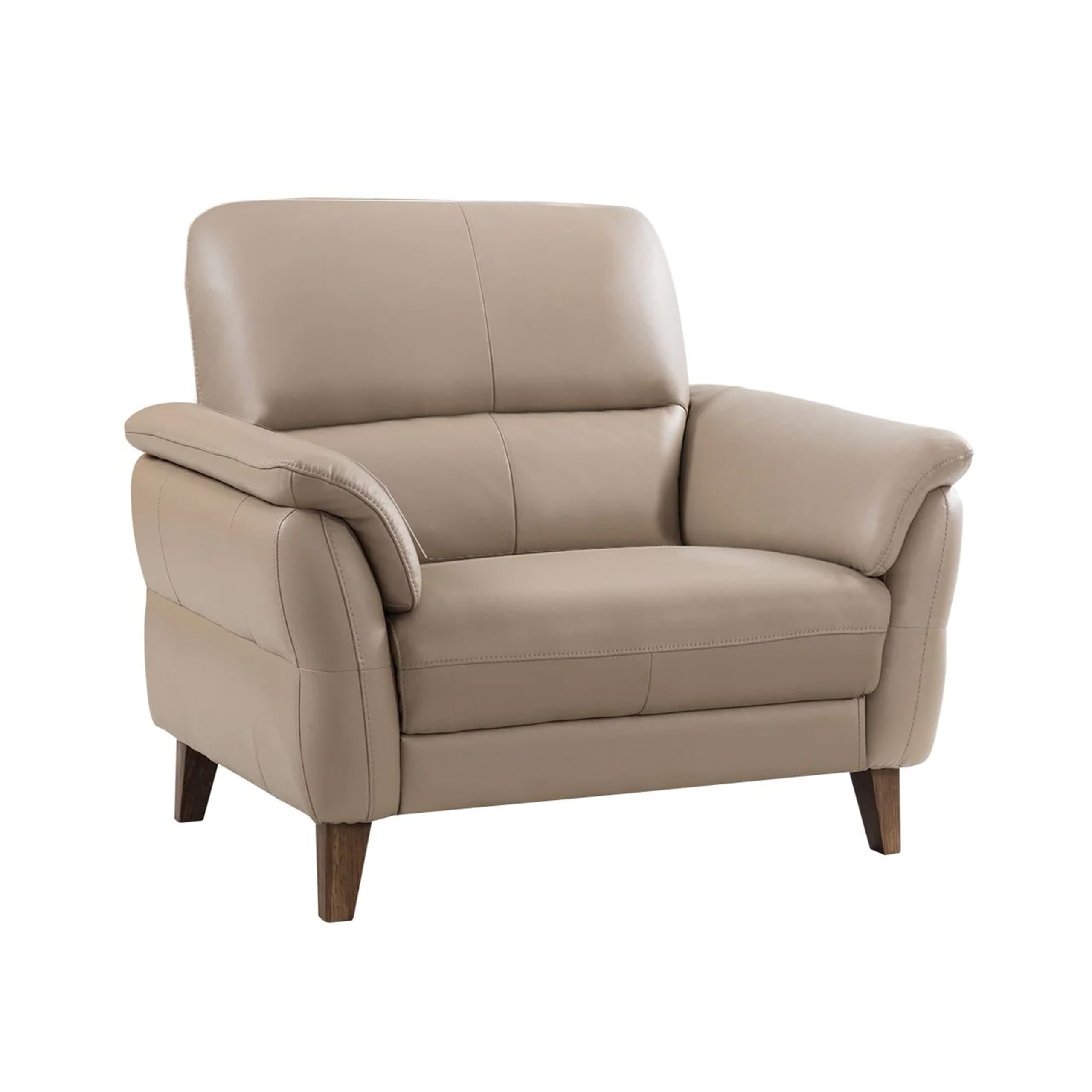 Patty Accent Chair, Tan Italian Leather, Pillow Top Arms, Brown Wood Legs