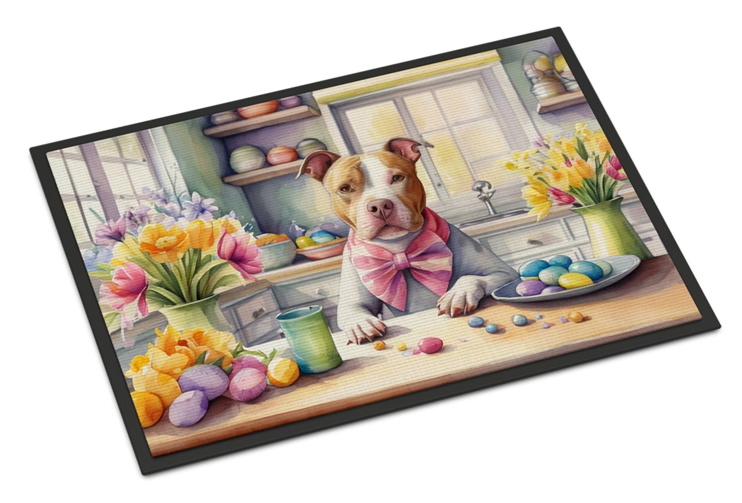 Carolines Treasures DAC6869JMAT Decorating Easter Pit Bull Terrier Doormat Front Door Mat Indoor Outdoor Rugs for Entryway, Non Slip Washable Low Pile, 24H X 36W